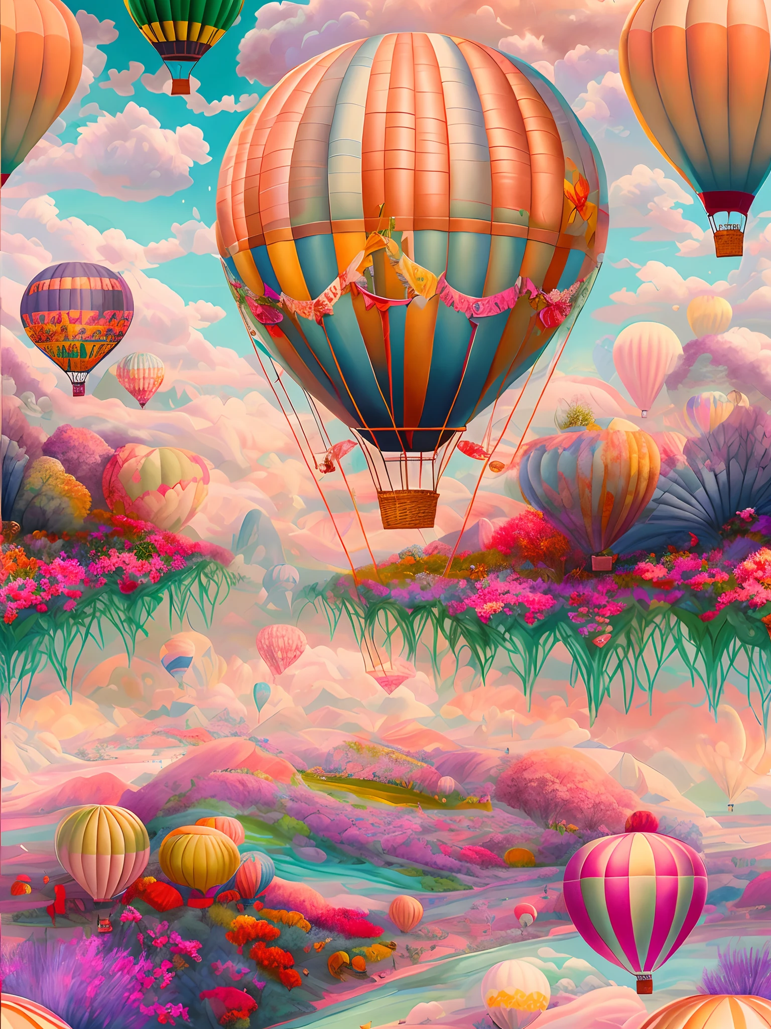 Painting of hot air balloons flying over rivers and forests, Beautiful art UHD 4 K, 4k highly detailed digital art, whimsical fantasy landscape art, Detailed painting 4 K, A beautiful artwork illustration, Epic surrealist 8K oil painting, Beautiful digital artwork, 4K detailed digital art, 4 k highly detailed art, jen bartel, hot air balloon