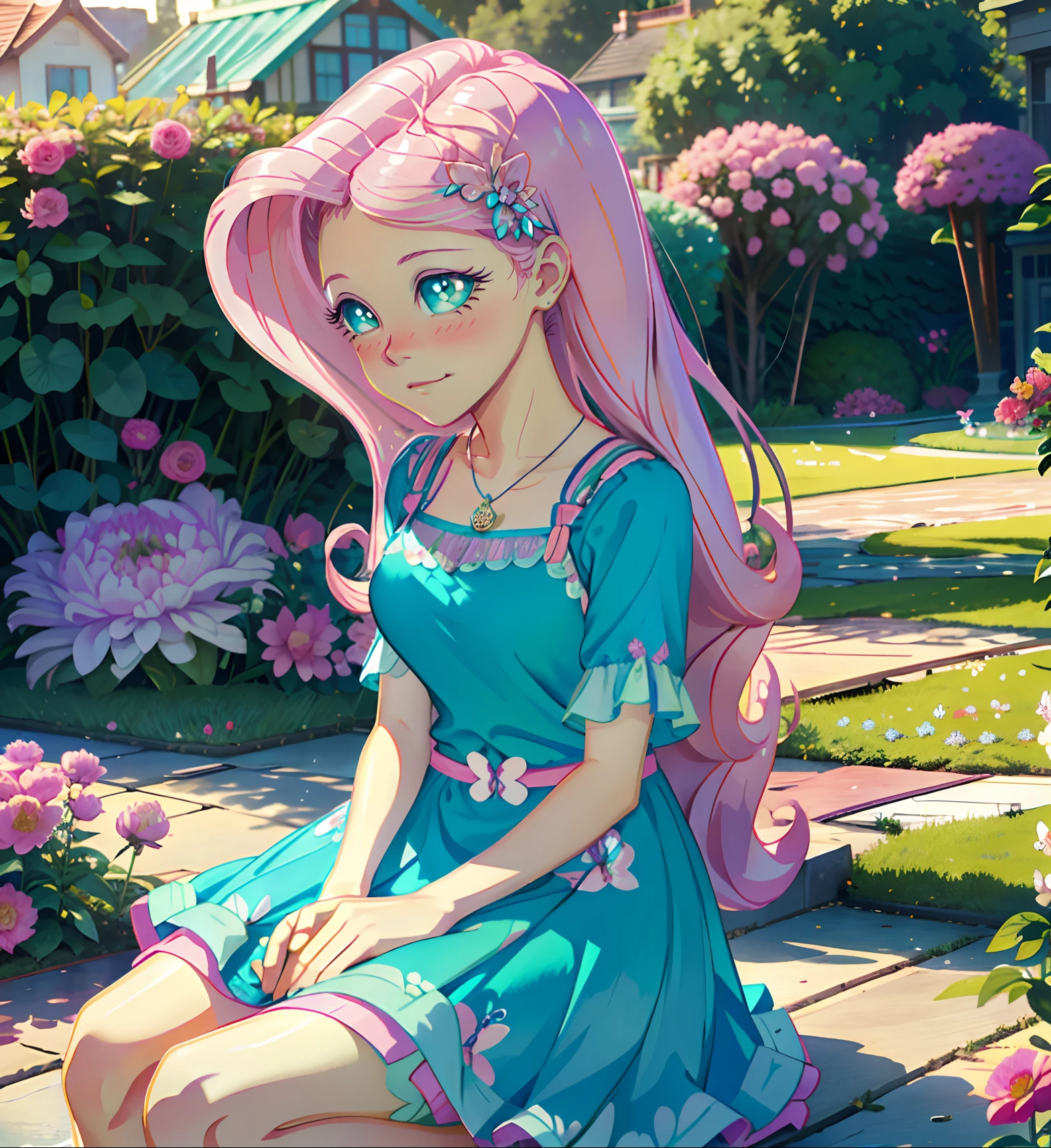 Fluttershy, fluttershy from equestria girls, fluttershy in the form of a girl, lush breast, pink long wavy hair, soft smile, flowers, butterflies, (top quality, masterpiece, ultra-realistic), rainy day, raining, wet ground, puddle, indoor botanical garden, dome, lots of flowers, dense mass plants, the background landscape is a garden with petals, Dahlia peony flowers everywhere, turquoise eyes, turquoise eyeshadow, green dress, butterfly hair clip, derailed lighting, sunlight, yellow pure light, sitting, heavenly plants, hanging planters, bright rays, flower crown