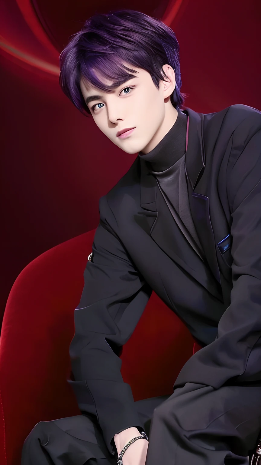 1 boy, Ratara, 17 years old, Purple hair color, Purple eyes color, Black suit, Realistic, Ultra detail, 70 mm lens