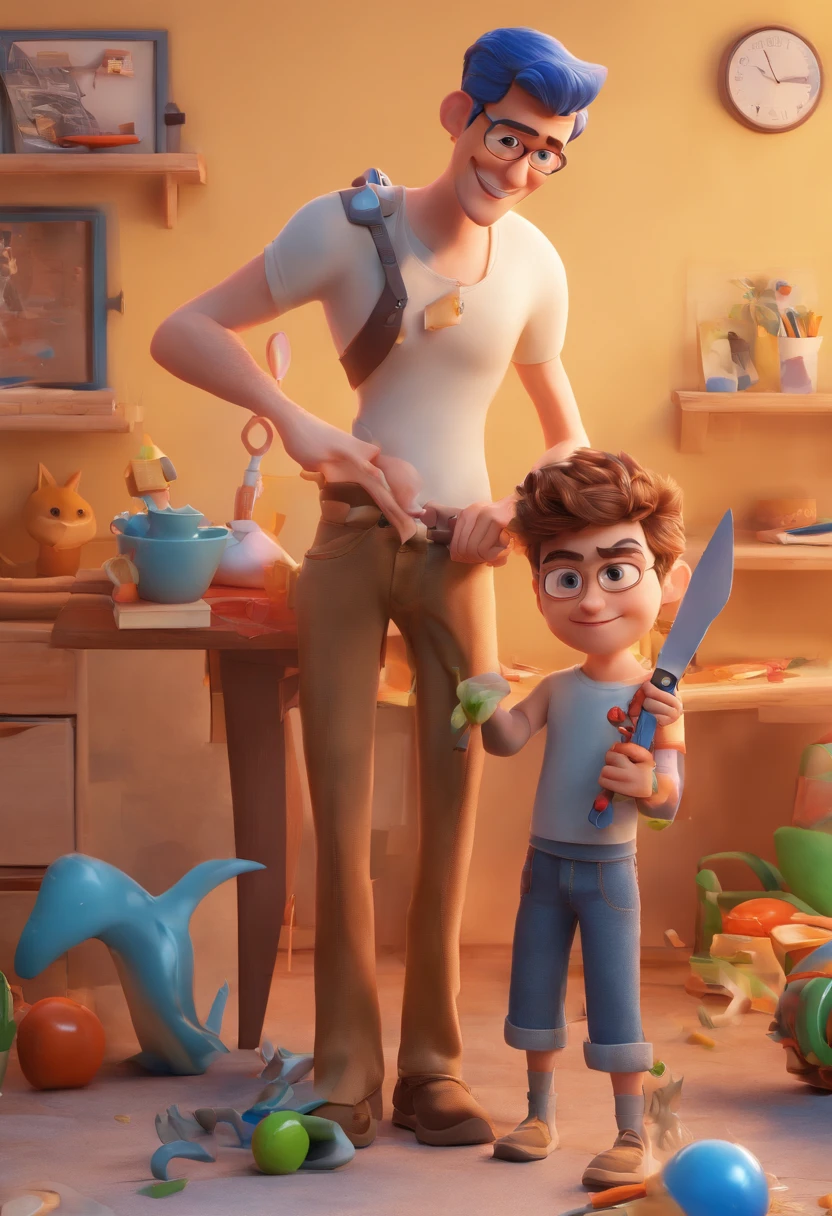 Estilo Pixar: The grown man is holding a naked blue-eyed boy and in his other hand he is holding a pair of scissors and is trying to cut off the boy's testicles,3D Poster,Disney