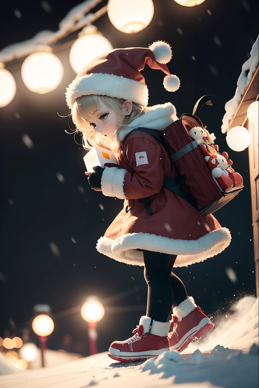 nendroid、Santa Claus happily carrying presents、Santa is a pretty girl、Chibi Doll、Stars in the eyes(kirakira)、Eye Up、Laugh、Cute red shoes、foco nítido, Ultra Detail, radiant light、bio luminescent、snowscape、It's snowing、Snowboard Riding、Draw a large snowflake in the foreground、Taken from the side、Stronger bokeh effect