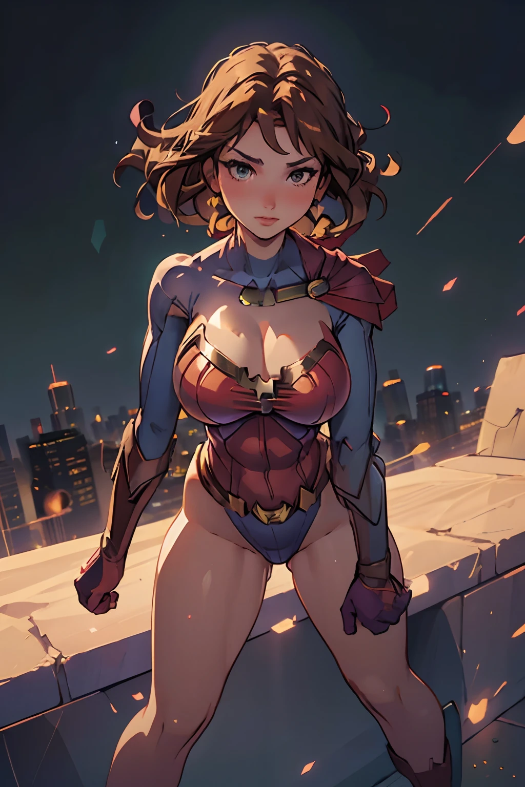 Superhero girl, 22 years-old, large full breasts, Full-body shot, dressed up (One-piece Supergirl Suit), ((spandex suit, bodysuit)), heroic appearance, detailed collarbones and chest, smooth skin, pupils sparkling, feminine allure, strapless bodysuit, brown hair, green eyes, leotard, standing, hands on hip, boots, solo, single, new york city street, backdrop, cape