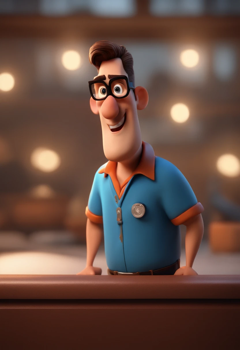 Cartoon character of a man with black glasses and a blue shirt, animation character, Caractere estilizado, animation style rendering, 3D estilizado, Arnold Maya render, 3 d render stylized, toon render keyshot, Personagem 3D, Personagem 3D, 3d rendering stylized, 3 d character render, personagem de desenho animado, Personagem de close up, Pose de personagem, (Estilo Pixar) (master part:1.2) (Bokeh) (best quality) (pele detalhada) (textura detalhada) (8k) (argila) (Cinematic lighting) (foco nítido