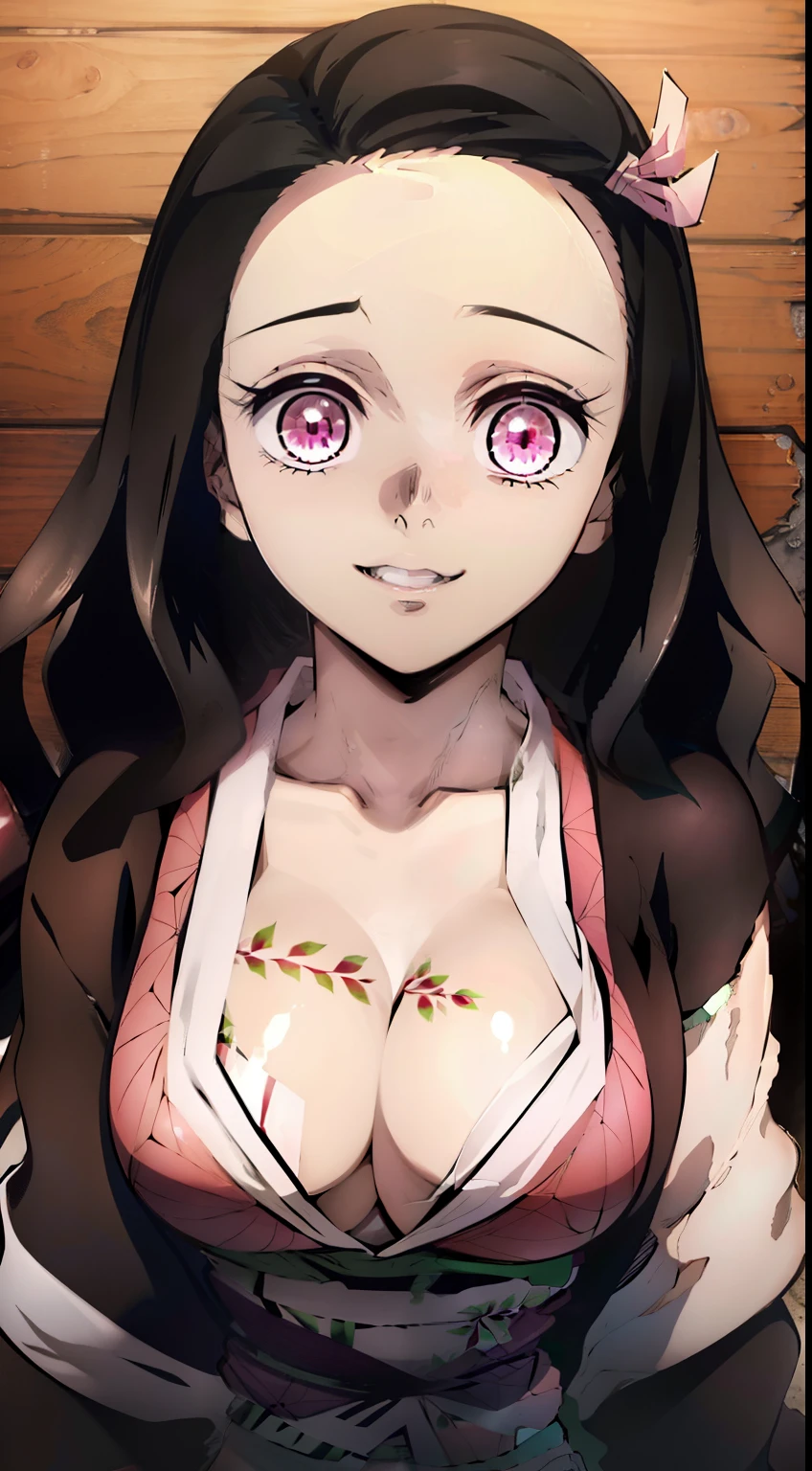 The camera looks down on her, lying on his back, Picture from above, Overhead view, ultra sharp image, Beautiful figure, sexypose, Lying on a futon, nice feet, buttocks, bare breast, teats, ultra detail face, Ultra Transparent, Nezuko Kamado from Demon Slayer, ultra sharp image, Ultra Beautiful, beautiful breasts. black hair, Transition to red, Japanese bath, Beautiful figure, taut clothes, black cape on pink kimano, big breastes, Smiling, green colored eyes, handsome body, sexy clothes, Beautiful eyes, very detailed eyes, Very detailed face, handsome body, Cherecter Desing, Sex position, Very detailed, Detailed body, Detailed hands, Detailed, Vibrants, Detailed Face, sharp-focus, WLOP, artgerm, anime art, Vibrants, Detailed Face, Hugh Details, sharp-focus, Very drooping face, A detailed eye, super fine illustration, better shadow, finely detail, Beautiful detail