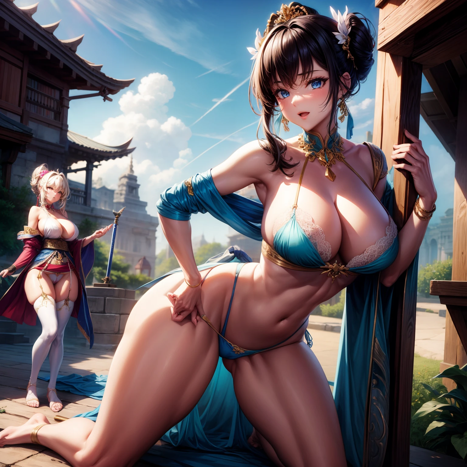 （8K ，Hyper-detailing，Ultra photo realsisim，Best Masterpiece，naturey，Perfect artwork，Perfect female body），Two cute busty girls ，（large tities），Ancient swordsman，Stylish hairstyle，Elegant and sexy swordsman，On a quaint street，Dress up in sexy antique robes，Built-in thong panties，Large cleavage，，Stretch meat，Raised sexy，The kinky is exposed ，tit，full body shot of