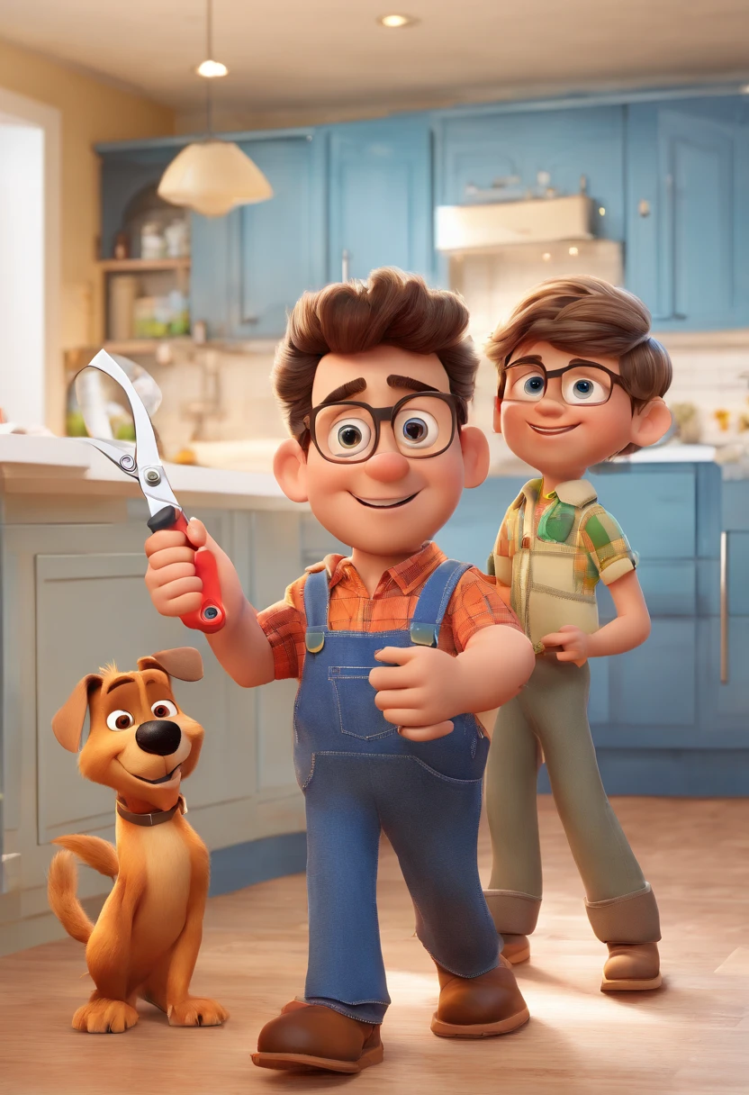 Estilo Pixar: The grown man is holding a naked blue-eyed boy and in his other hand he is holding a pair of scissors and is trying to cut off the boy's testicles,3D Poster,Disney