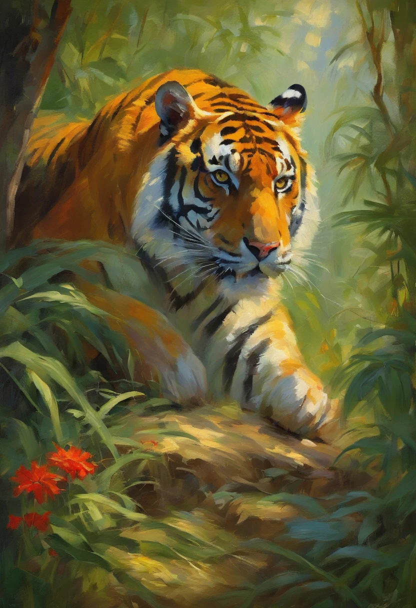 Masterpiece, Tiger eat rabbit, jungle scenery