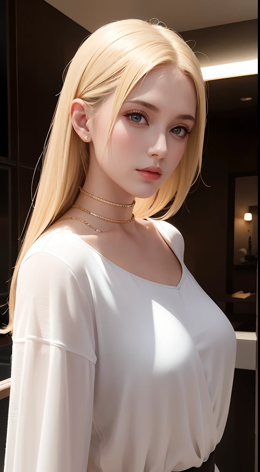 Women in Europe and America, fashion modell, Wear a deep V-neck shirt, Glamour, Paparazzi taking pictures of her, Blonde hair, Brown eyes, 8K, High quality, masutepiece, Best Quality, hard disk, Extremely detailed, voluminetric lighting, Photorealistic