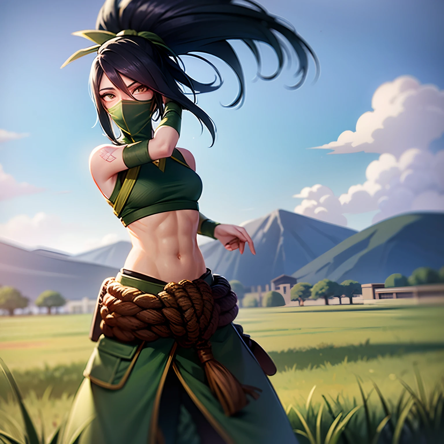 sky, field, grass, akali, looking at viewer, league of legends, highres, 1girl, abs, arm tattoo, bangs, blouse, breasts, green shirt, hair between eyes, hip vent, long bangs, long hair, mask, midriff, ninja, ponytail, rope belt, belt pouch, shirt, solo, stomach tattoo, tattoo