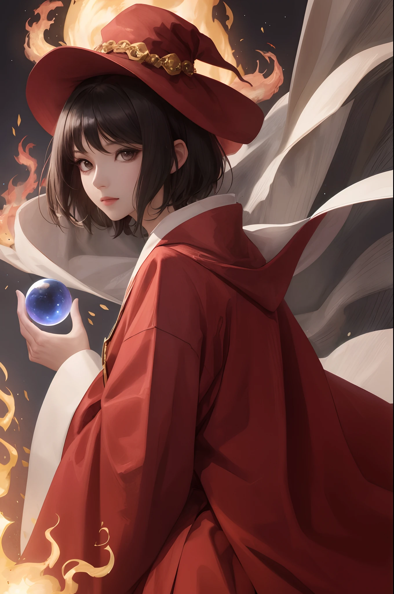 Woman in her late teens、Black hair and short hair、Cinematic Wizard Robe、flame spell、He wears a large pointy hat、The robe is a murasaki color、Intelligent and lovely、the Wise、Holding a crystal ball