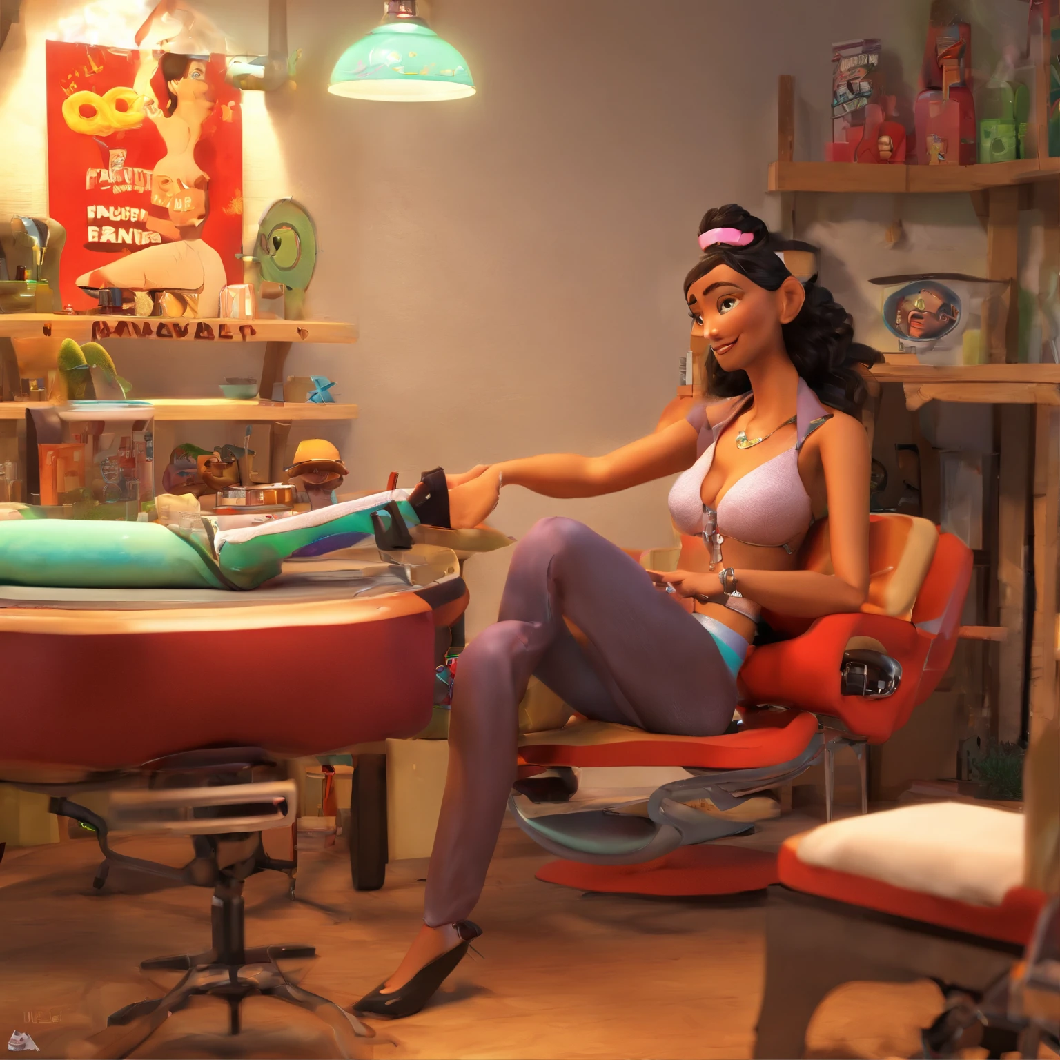 create a 3D movie poster inspired by Disney Pixar, The scene should be in Pixar's signature digital art style, com uma imagem caricatural que lembra a cantora brasileira "Anita" in the prone position, Wearing a bikini while a tattoo artist is sitting tattooing with a giant ring on one hand, inside a tattoo parlor.