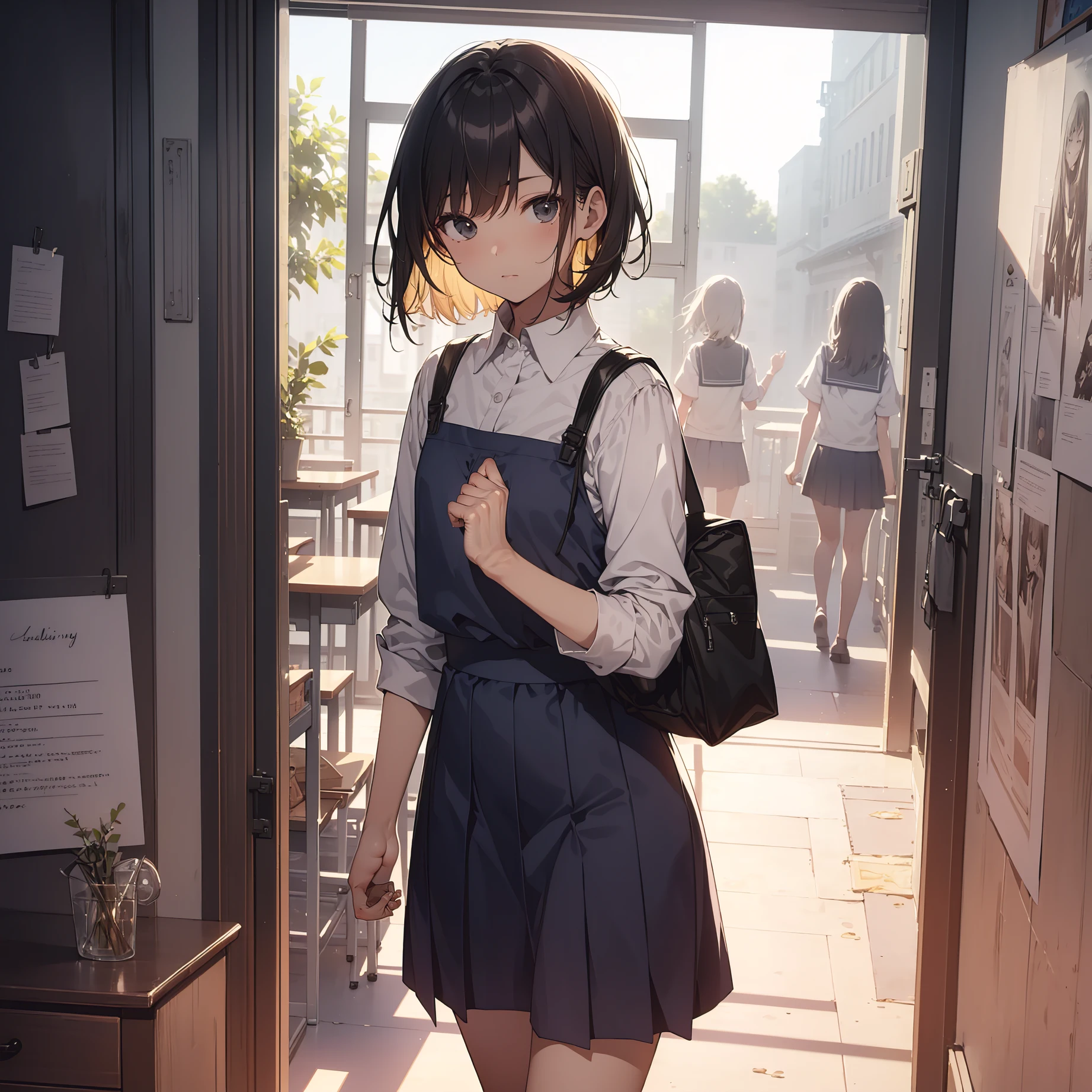 (top quality,ultra-detailed,high resolution,extremely detailed CG,unity 8k wallpaper,by famous artist,perfect anatomy,super detailed skin,cinematic lighting:1.1),break,(Please draw a picture of a girl walking listlessly looking into the distance.:1.3),break, 1girl, (Solo,Loli face,13-year-old:1.5),a junior high school student, (Very Short hair),Full limbs,complete fingers,flat chest, Small butt, groin, Beautiful detailed black eyes, disgusted eye, cowboy shot, school Uniform, look away, (Detailed Lighting), (Detailed background), (in the school room),