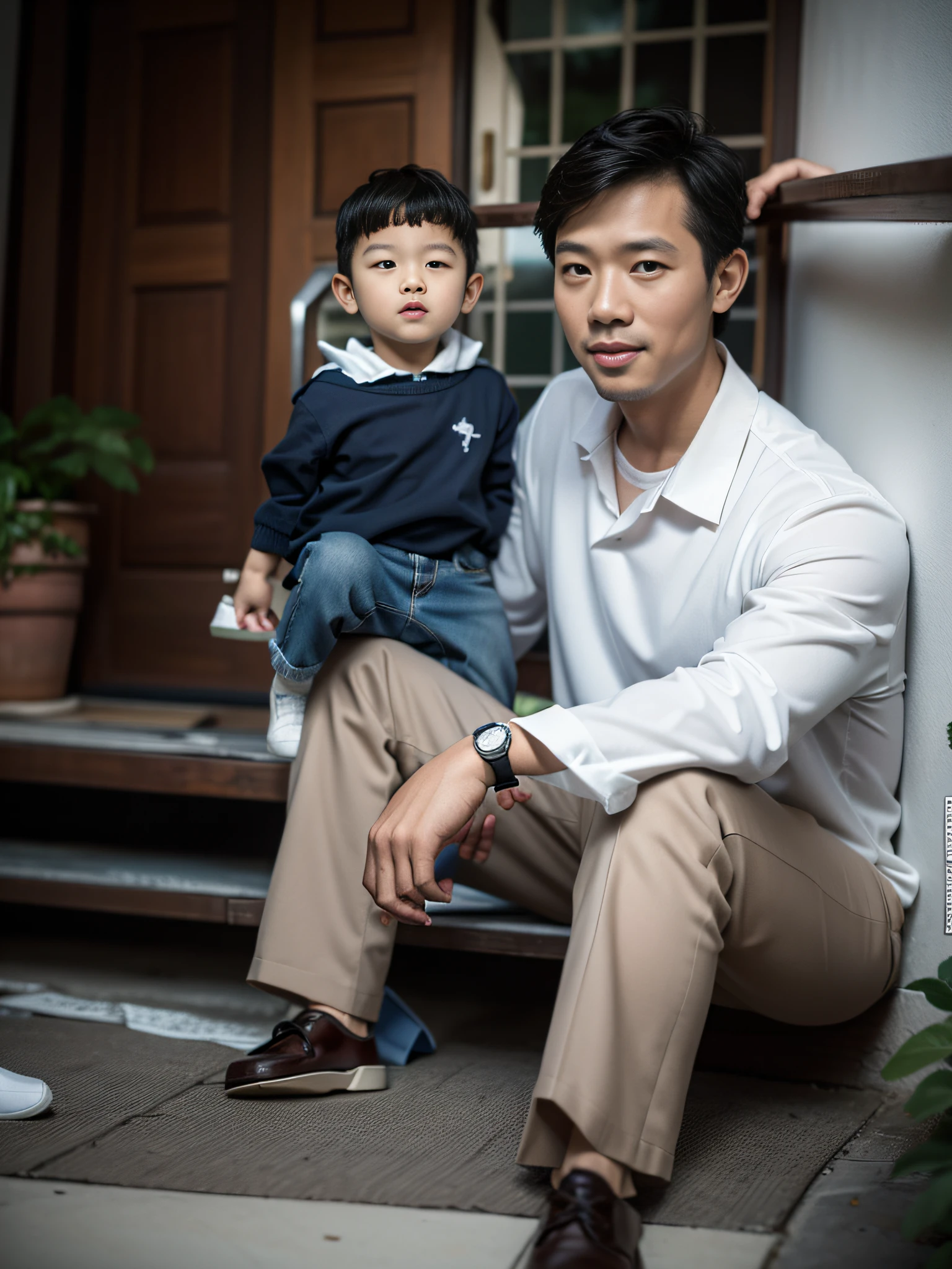 (best quality,4k,8k,highres,masterpiece:1.2), Super realistic photo, image of a Vietnamese father and son, father 30 years old, son 2  old, father sitting on the steps of a Vietnamese house in 1985, son standing next to father, Dad wears western shoes and a white shirt, photo taken in 1985 with Kodak