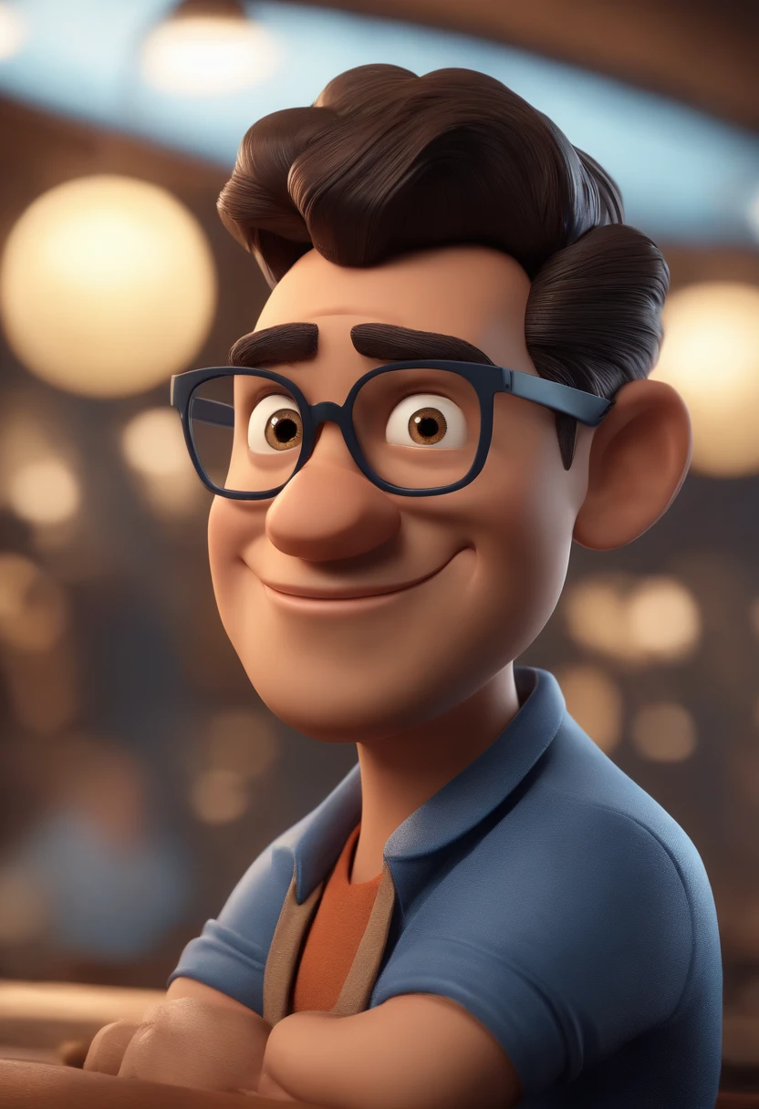 Cartoon character of a man with black glasses, cabelo cacheado marrom escuro e uma camisa azul, animation character, Caractere estilizado, animation style rendering, 3D estilizado, Arnold Maya render, 3 d render stylized, toon render keyshot, Personagem 3D, Personagem 3D, 3d rendering stylized, 3 d character render, personagem de desenho animado, Personagem de close up, Pose de personagem, (Estilo Pixar) (master part:1.2) (Bokeh) (best quality) (pele detalhada) (textura detalhada) (8k) (argila) (Cinematic lighting) (foco nítido