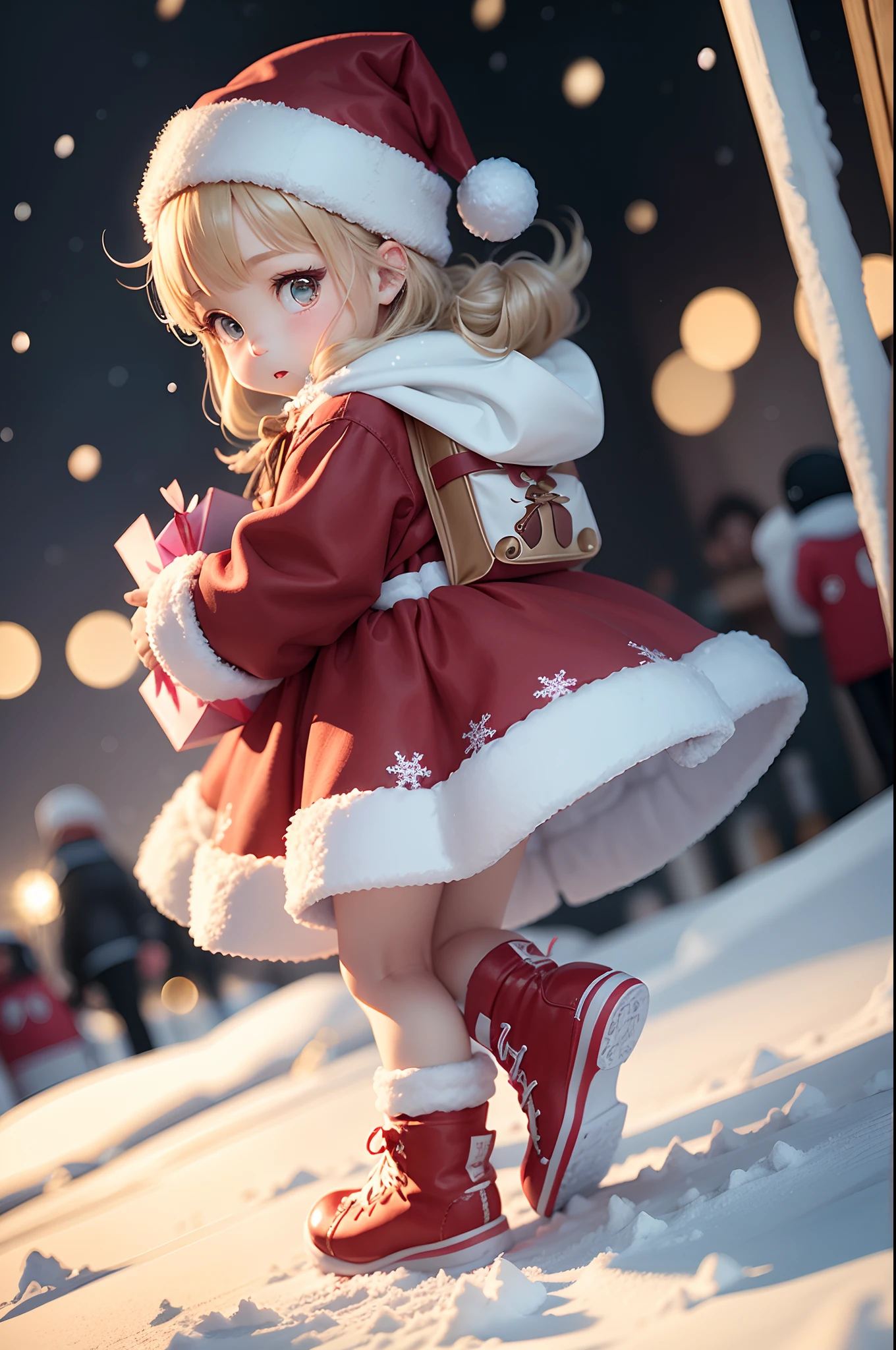 nendroid、Santa Claus happily carrying presents、Santa is a pretty girl、Chibi Doll、Stars in the eyes(kirakira)、Eye Up、Laugh、Cute red shoes、foco nítido, Ultra Detail, radiant light、bio luminescent、snowscape、It's snowing、Snowboard Riding、Draw a large snowflake in the foreground、Taken from the side、Stronger bokeh effect