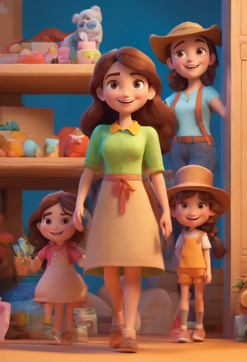 Estilo Pixar: Familia, one dad brunette wth beard, A mother and two girls. Uma menina de 6 anos e outro de 3 anos . Uma fazenda com vacas lindas e marrom .