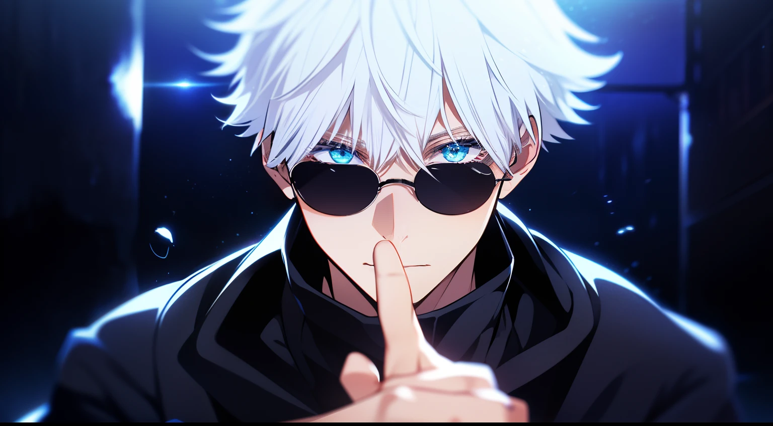 ((High detail、Cinematic lighting))、Messy white hair、aquamarine Eyes、White eyelashes、god light、Ray tracing、shadowing、Optical illusion、The upper part of the body、Looking at the camera、Masterpiece、((Super detail、Best quality、8K))、jujutsu kaisen、Gojo Gojo、Black attire、The surgery begins、Perfect black background、serene look、formidable presence、Enigmatic Atmosphere、(Strange moonshine、Ominous Shadows、 Intense Blue Aura、 Rich red halo、Symbolizes the power around him、Radiating Magical Energy、Mystical Artifacts、Ether-like granules、dynamicposes、epic soundtrack、(((The detailed hand)))、sunglass