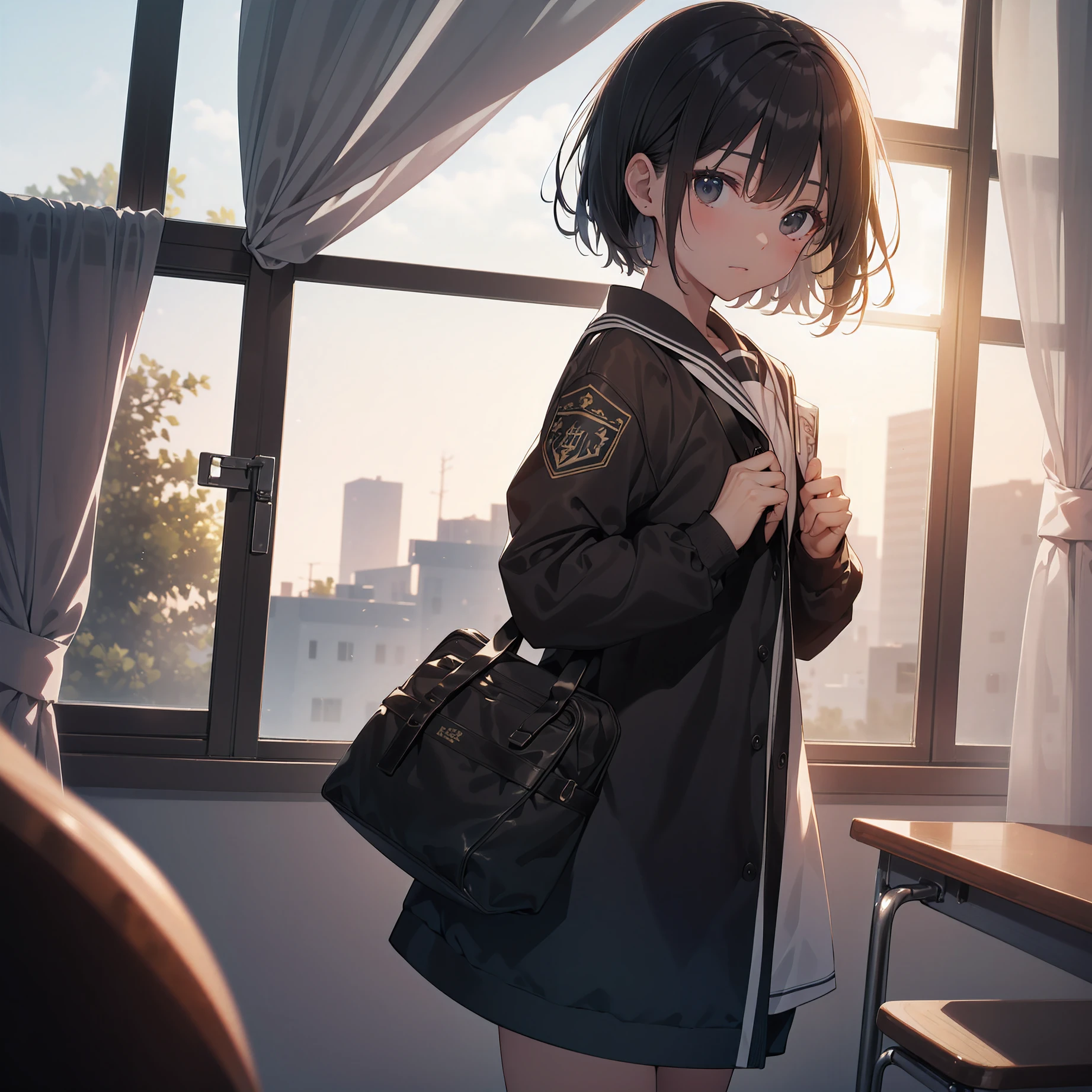 (top quality,ultra-detailed,high resolution,extremely detailed CG,unity 8k wallpaper,by famous artist,perfect anatomy,super detailed skin,cinematic lighting:1.1),break,(Please draw a picture of a girl walking listlessly looking into the distance.:1.3),break, 1girl, (Solo,Loli face,13-year-old:1.5),a junior high school student, (Very Short hair),Full limbs,complete fingers,flat chest, Small butt, groin, Beautiful detailed black eyes, disgusted eye, cowboy shot, school Uniform, look away, (Detailed Lighting), (Detailed background), (in the school room),