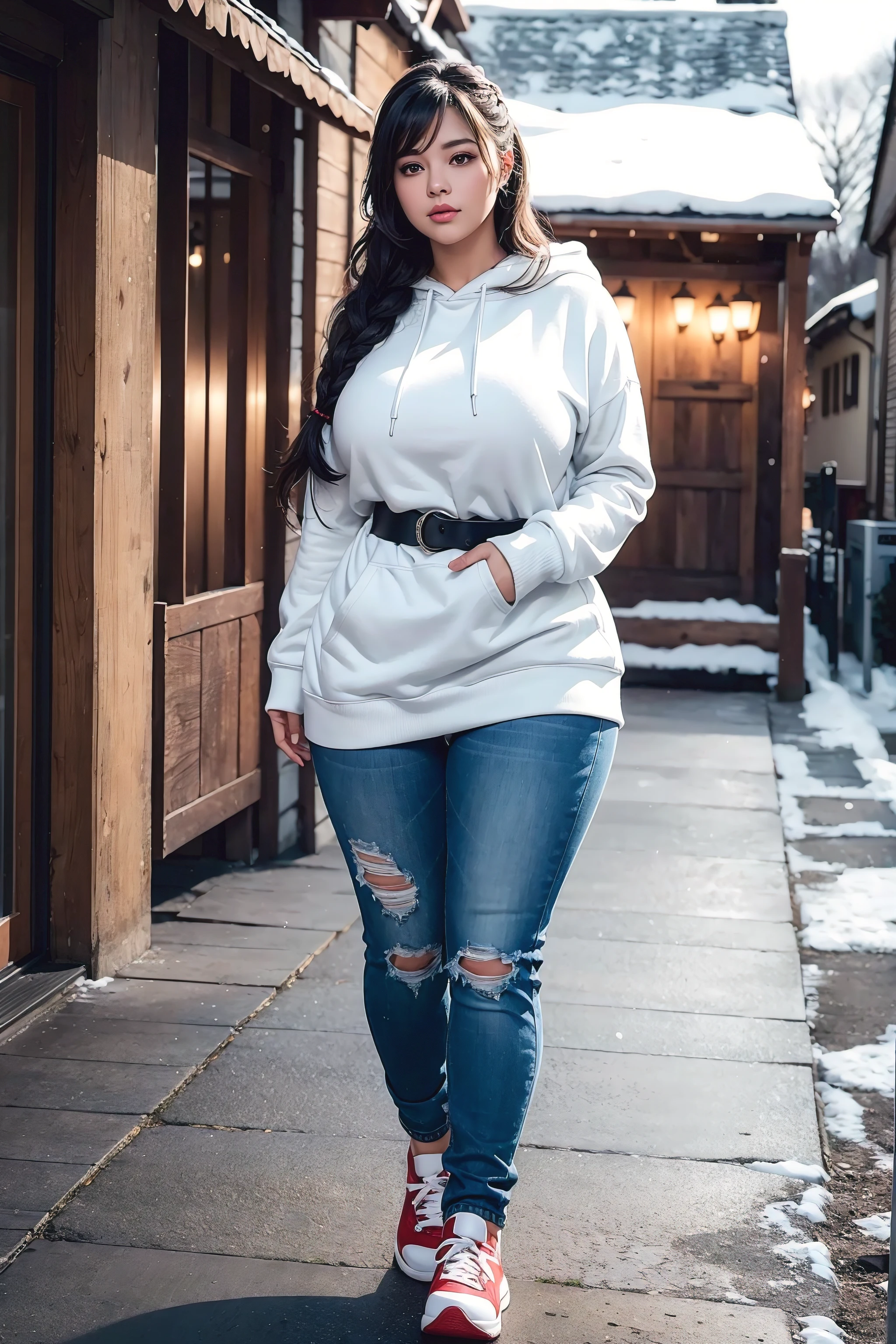 Beautiful sensual woman with a curvy body, long hair, bangs, french braid, widest waist, fitting breasts, curvy accentuated booty, sparkling eyes, long eyelashes, thick thighs, Strong calves, shy Look, taniaayusiregar, She wears a hoodie, jeans, belt, red sneakers, strolling through a Mountain village, looking at old buildings, evening in Winter, photorealistic, Masterpiece, bokeh, Volumetric lighting, winter season atmosphere, full body shot from the side