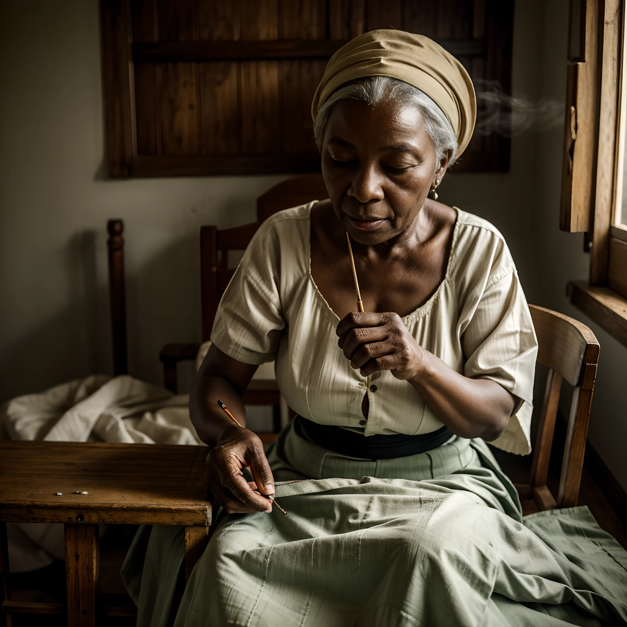 an old seamstress is sewing, (masterpiece, best quality), old Nigerian woman, full body, face marked by age, hide feet, documentary photo of Nigerian old woman wears very torn white shirt and a dirty old red long skirt, real skin pores, black skin, dark skin. She is intent on sewing. She is embroidering a lace on a white sheet. The woman sews with needle and thread. Sitting in an old armchair. Typical old Nigerian wooden room, wooden walls, smoke in the room, Tyndall effect, fog in the room, many small particles in the air, blurred background, very diffuse light, determined movements, green_eyes, red lips, slightly open mouth, closed eyes, soft light, lens flare, silhouette shadows, high res photo, high detailed, (highly detailed skin:1.2), 16k, High details. ultra high res.photorealistic:1.4, UHD, DSLR, soft lighting, high quality, grain color film, FujifilmXT3, low angle point of view