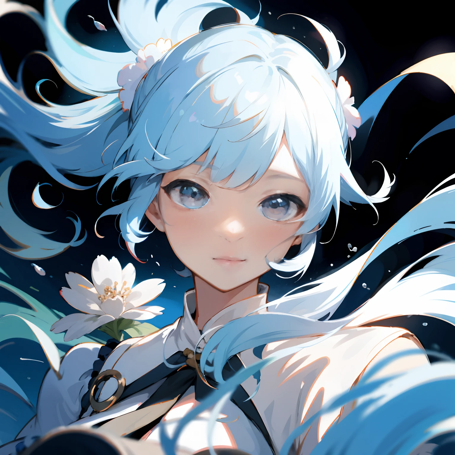 (Masterpiece), (Best quality), (Ultra detailed),(Disheveled hair),(illustration), (1girll), (Fashionable clothing), The girl stands, Fashion model, view the viewer, (interview), (Simple background),Beautiful detailed eyes, Delicate beautiful face, Floating,(High saturation),(Colorful splashes),colorful bubble,(Shining), focus onface, pony tails, Kamiasto ayaka, Light blue hair, bangs, Hair ring, Floating flowers, Floating hairs, (Shining), BEST lighting, Best shadow,