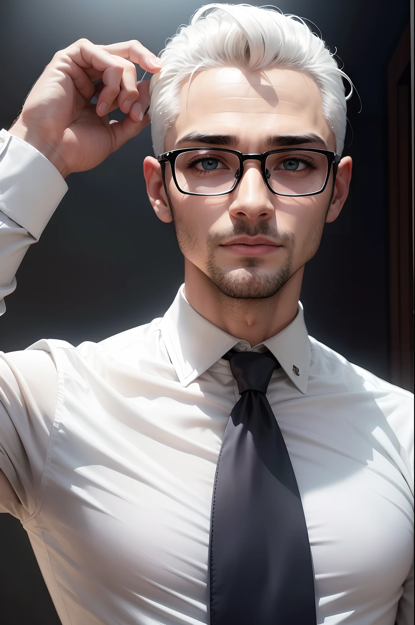 Um homem de 30 anos, com cabelos castanhos curtos,face de diamante, olhar rigoroso, e olhos castanhos, Wearing white white shirt with tie and glasses. --auto