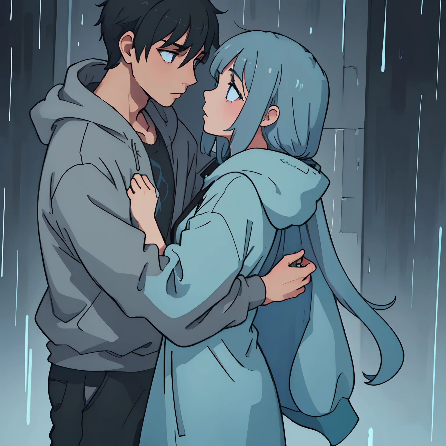 Black haired guy, wearing black hoodie, gray shirt, kisses, girl with long light blue hair, with cyan eyes, wearing gray dress, in the rain