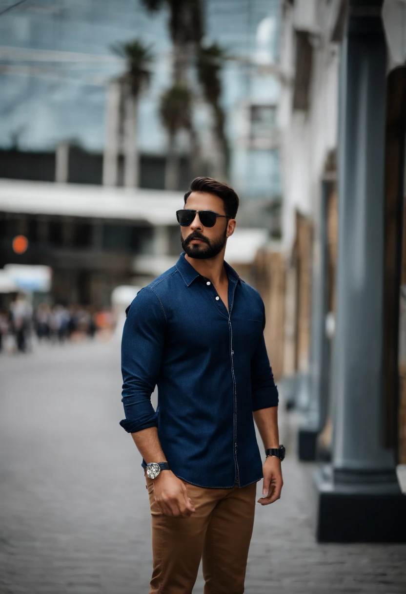Careca barba ralinha, magrinho,um metro e oitenta,calvo,camisa azul,camisa polo, estilo vendedor, black watch,olhos castanhos escuro,sapato da Adidas, Denim Jeans Pants, fundo desfocado, ambiente supermercado, mochila cinza,