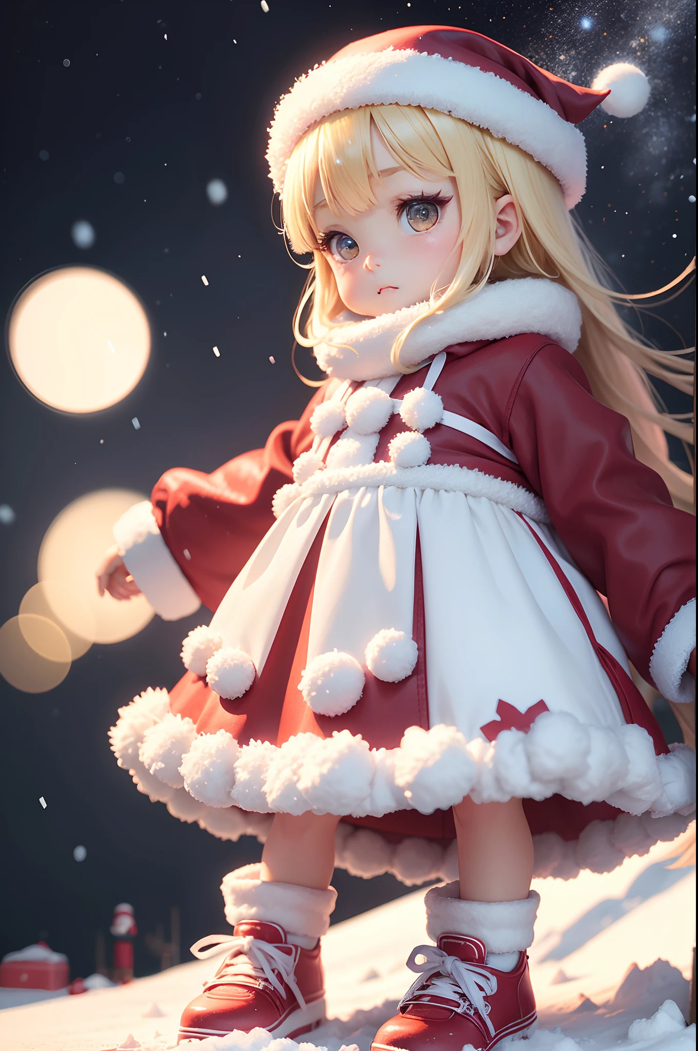 nendroid、Santa Claus happily carrying presents、Santa is a pretty girl、Chibi Doll、Stars in the eyes（kirakira）、Eye Up、Laugh、Cute red shoes、foco nítido, Ultra Detail, radiant light、bio luminescent、snowscape、It's snowing、Snowboard Riding、Draw a large snowflake in the foreground、Taken from the side、Stronger bokeh effect