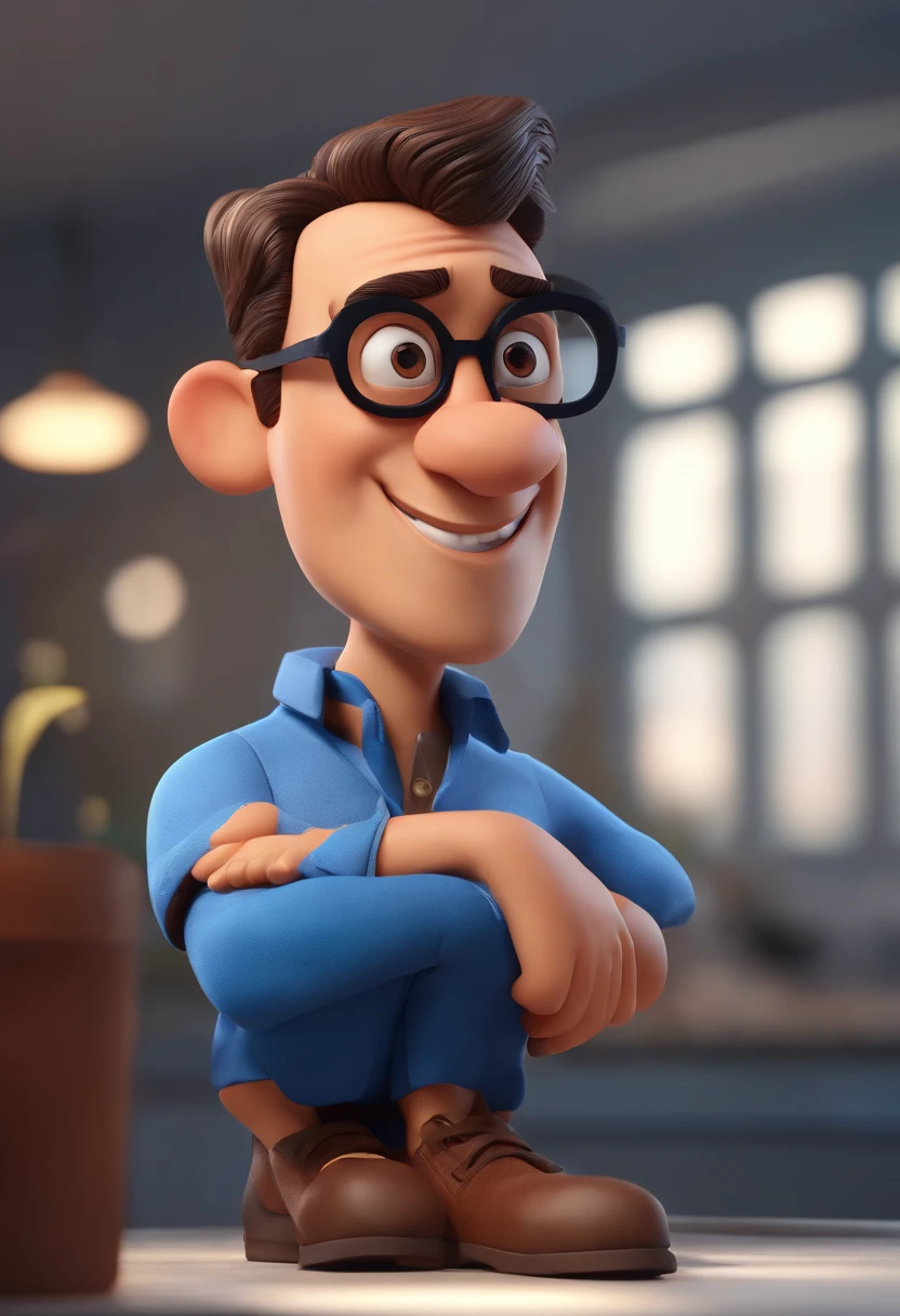 Cartoon character of a man wearing black glasses and a blue shirt, um personagem animado, Caractere estilizado, animation style rendering, 3D estilizado, Arnold Maya render, 3 d render stylized, toon render keyshot, Personagem 3D, Personagem 3D, 3d rendering stylized, 3 d character render, personagem de desenho animado, Personagem de close up, Pose de personagem,  (Estilo Pixar) (master part:1.2) (Bokeh) (best quality) (pele detalhada) (textura detalhada) (8k) (argila) (Cinematic lighting) (foco nítido