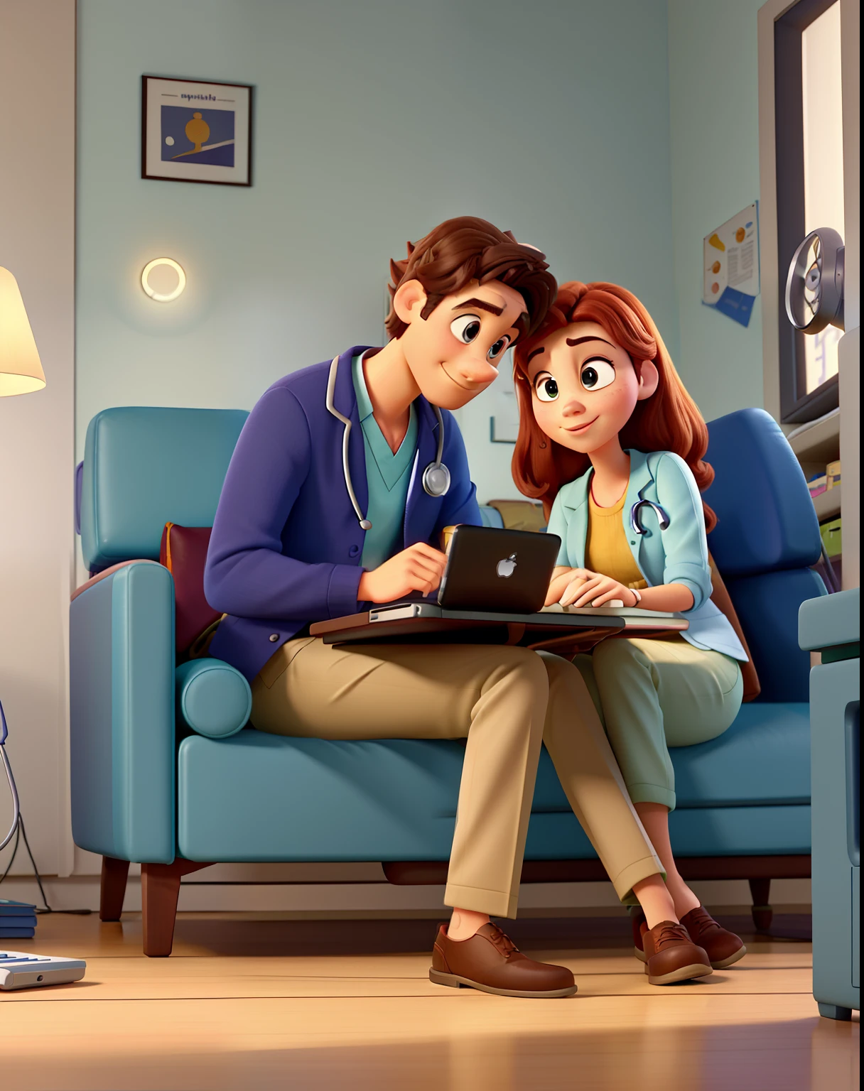 Create a poster in the style of PIXAR animated films. A couple in front of a computer talking to a doctor. They're consulting themselves online. The couple's atmosphere is that of a house, com uma mesa, sofa, flores. The doctor is in a room of a medical clinic. Estilo disney pixar, alta qualidade, melhor qualidade