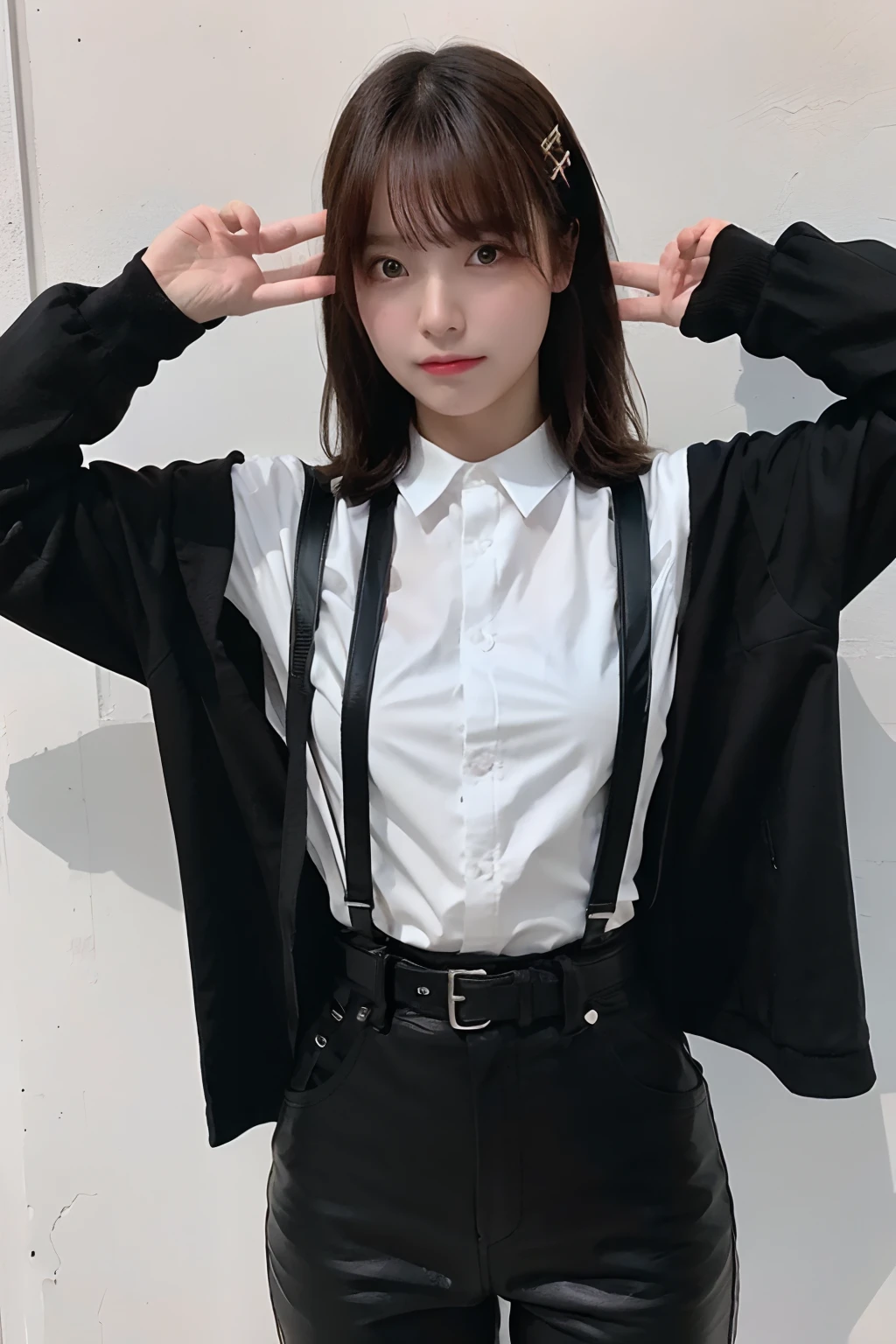 masterpiece、flat-colors、depth of fields、lens flare 1 girl、、Brown hair、watching at viewers a belt black suspenders large full breasts Armpit sweat perspiring Side of both hands walls: Black pants, Black jacket holster arm Leg holster arma Gaze Small face