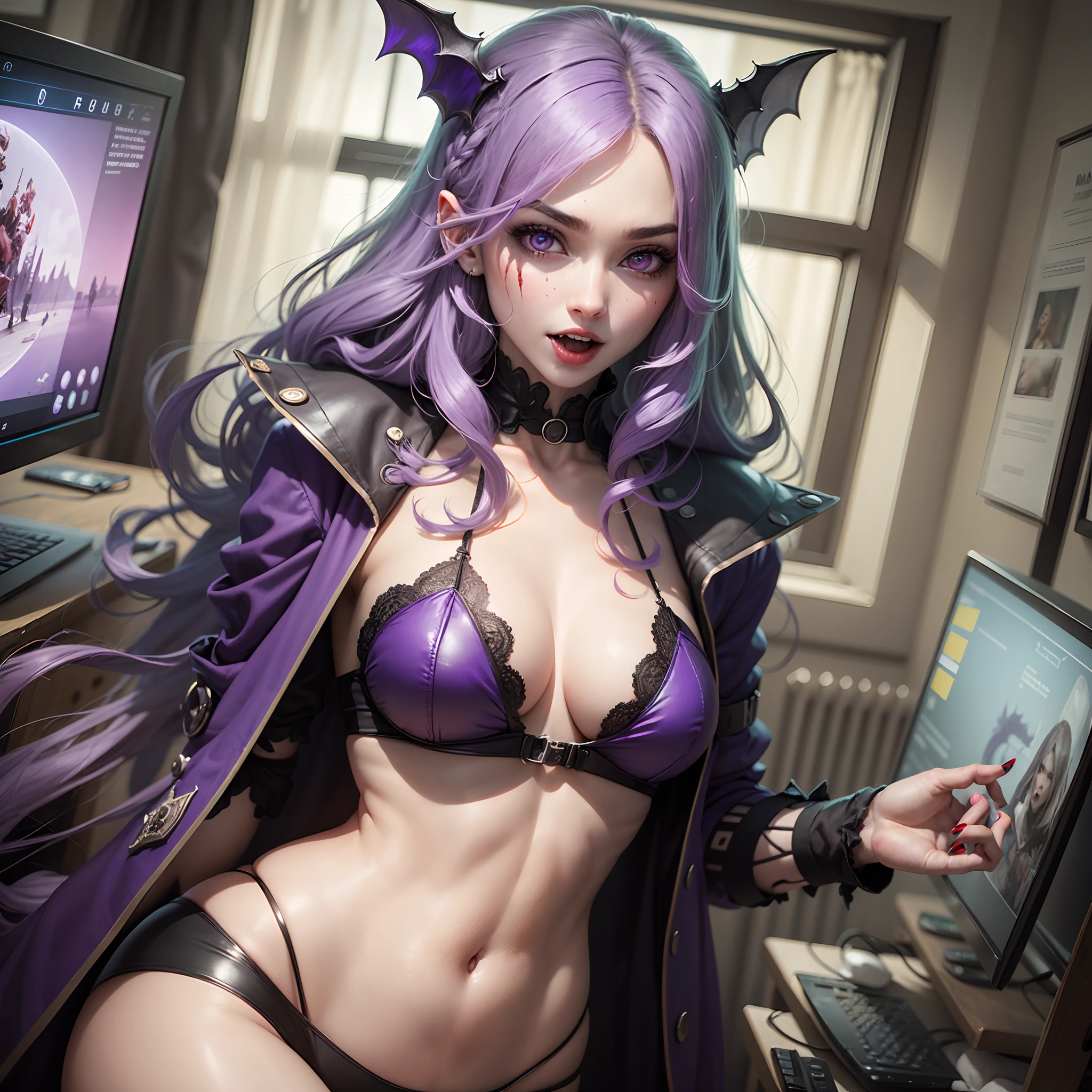 female vampire, white skin, bloody fangs, purple hair, violet eyes, playing a video game. --auto --s2