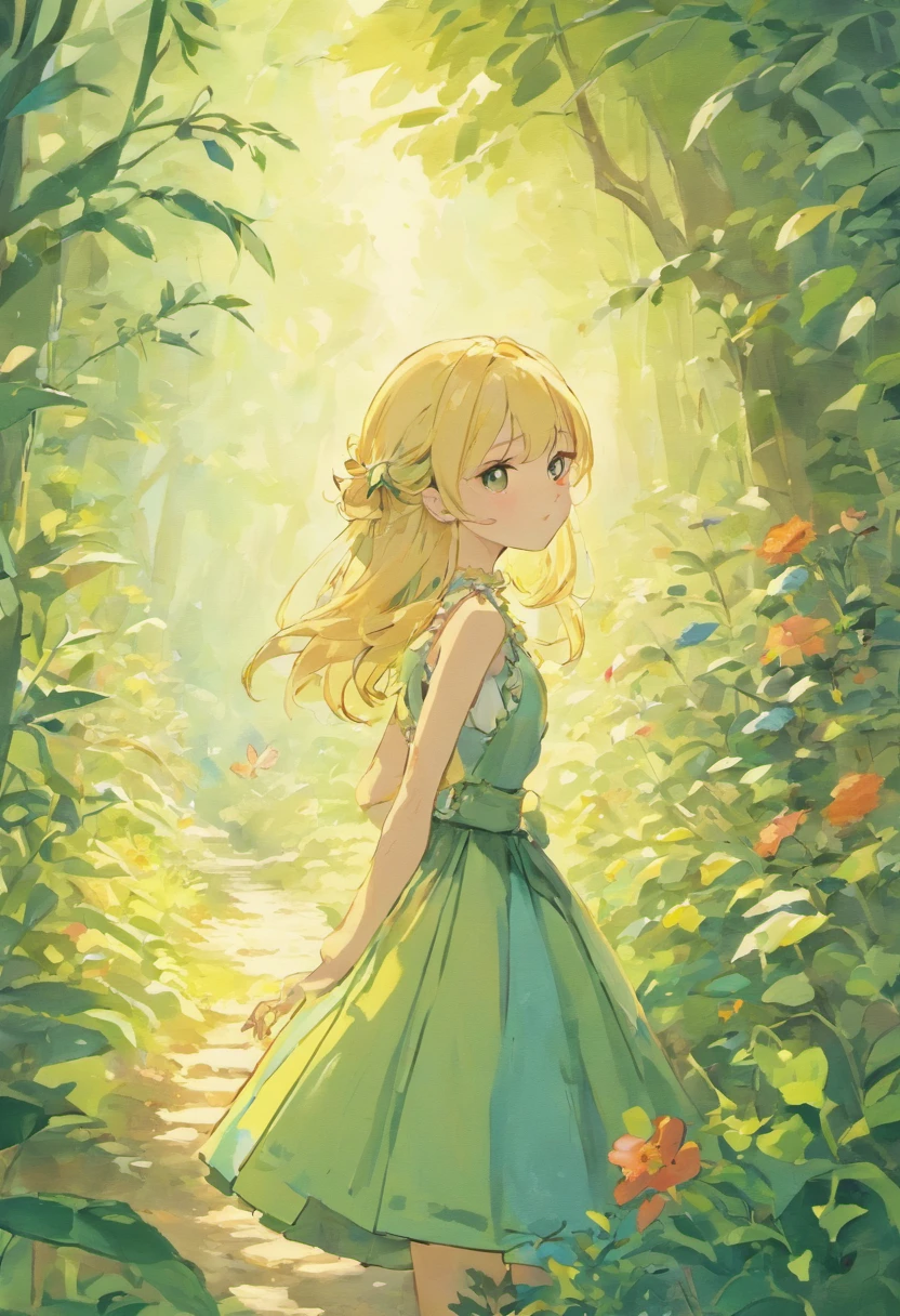 Illustration of a picture book in the style of Beatrix Potter, Shows a girl in the garden.Girl Blonde Hair,The girl wears only a green dress, The illustrations are attractive and exquisite, Soft colors and details.