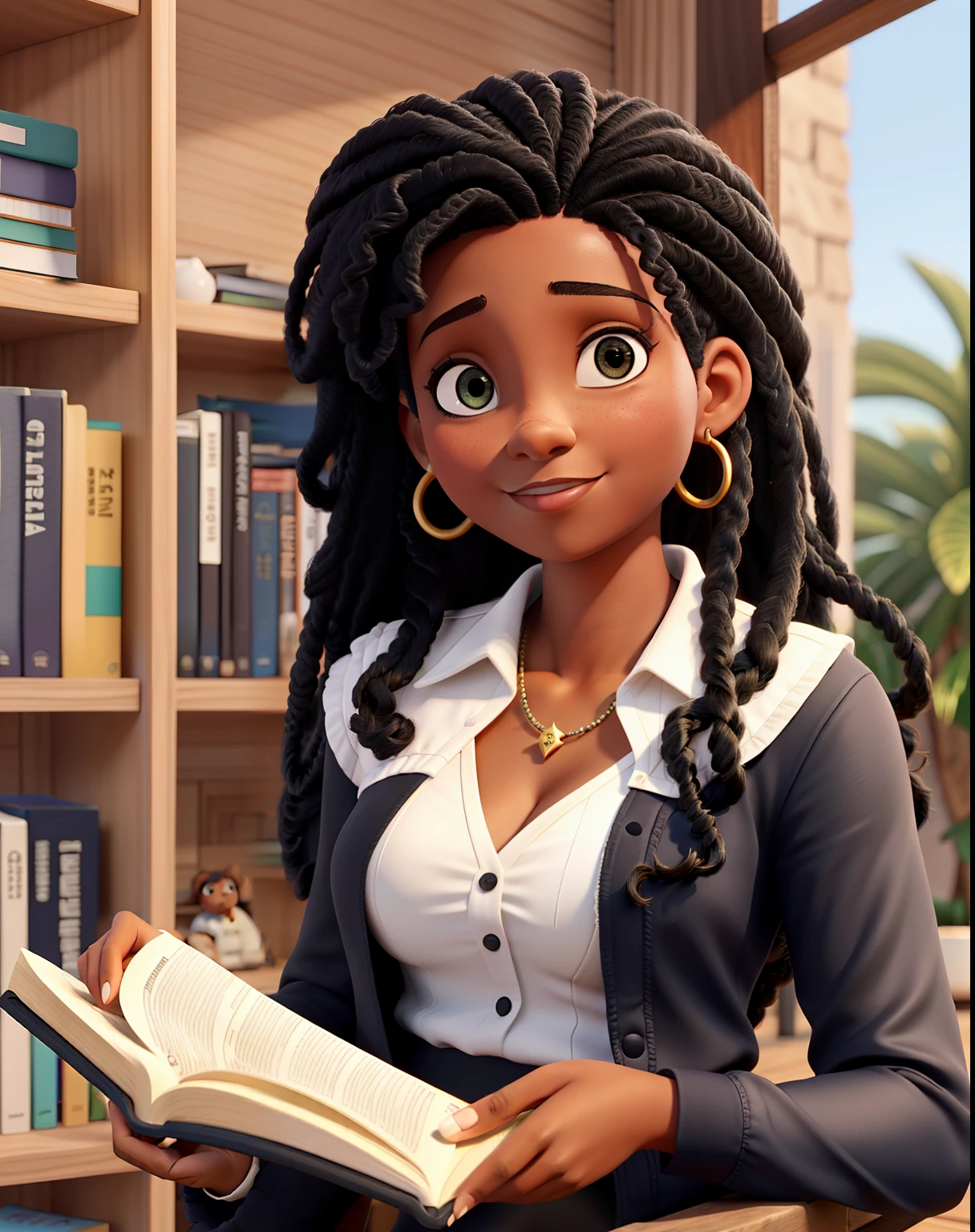 Uma bela jovem negra de cabelo longo loiro ondulado sentada lendo um livro na varanda