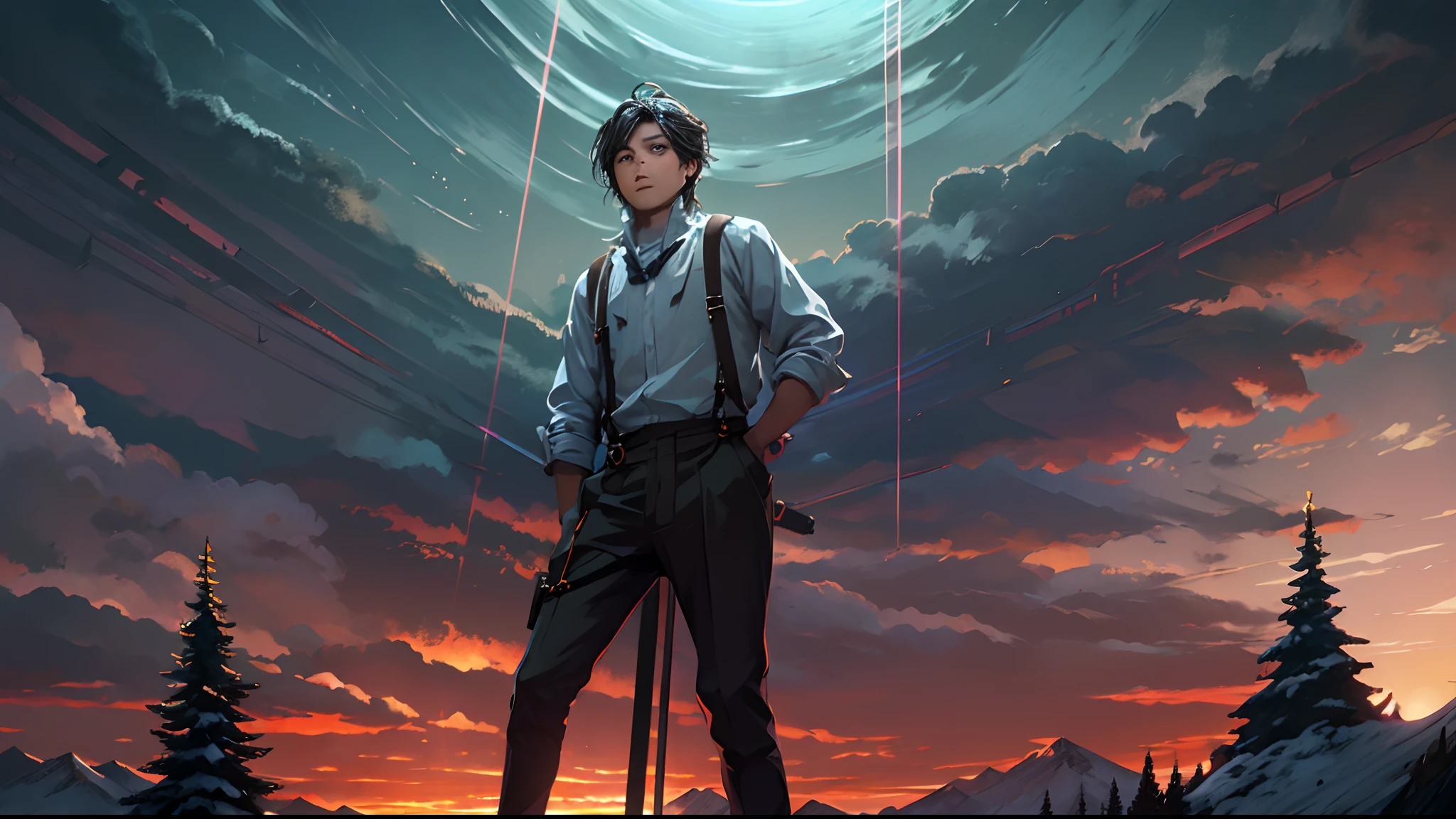 eventide，dark cloude，Suspenders，Stand on top of the mountain with your feet，middle parted hairstyle，Boy student，stooped，Place your hands on your back，Left side of the face