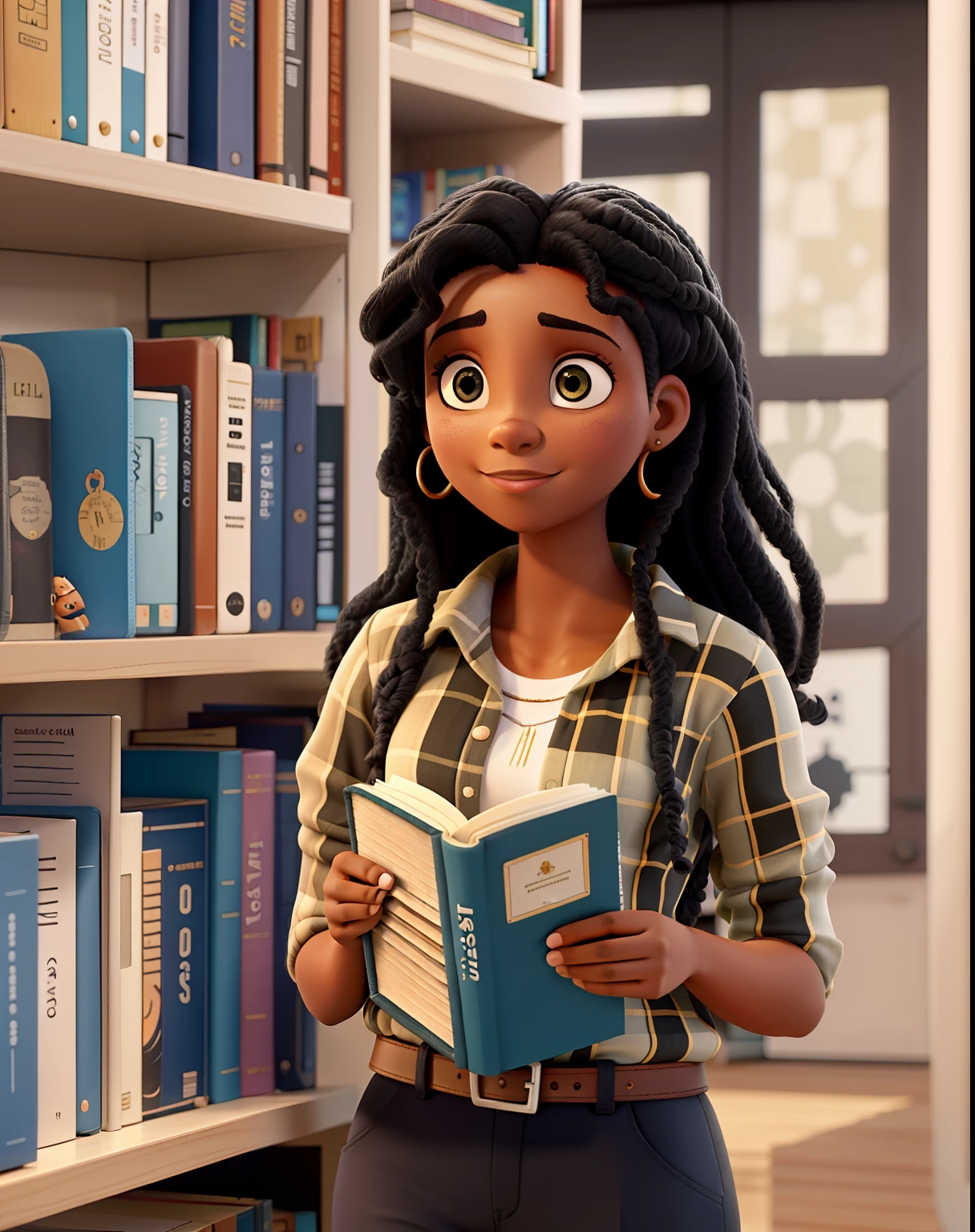 Uma bela jovem negra de cabelo longo loiro ondulado sentada lendo um livro na varanda