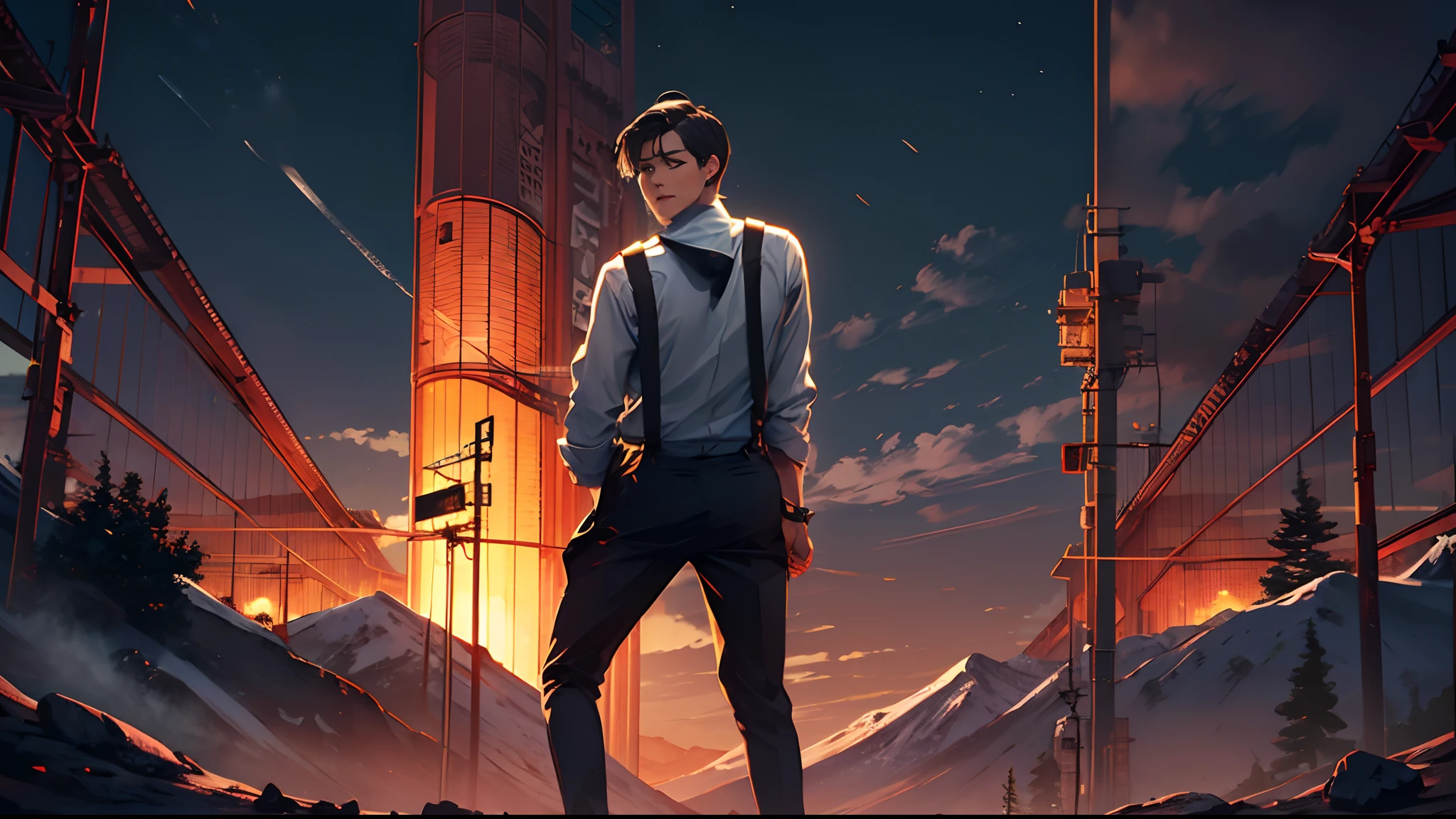 nigth,Suspenders,Stand on top of the mountain with your feet,middle parted hairstyle,Boy student,stooped,Place your hands on your back,Left side of the face