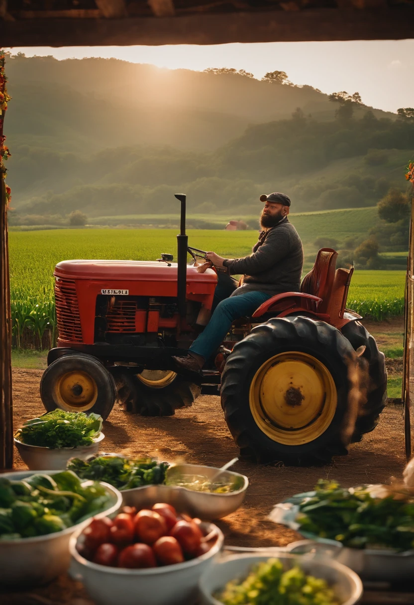 Best quality, Ultra-detailed, high resolution,A man with a beard drives a tractor,There were four people on the tractor eating hot pot together