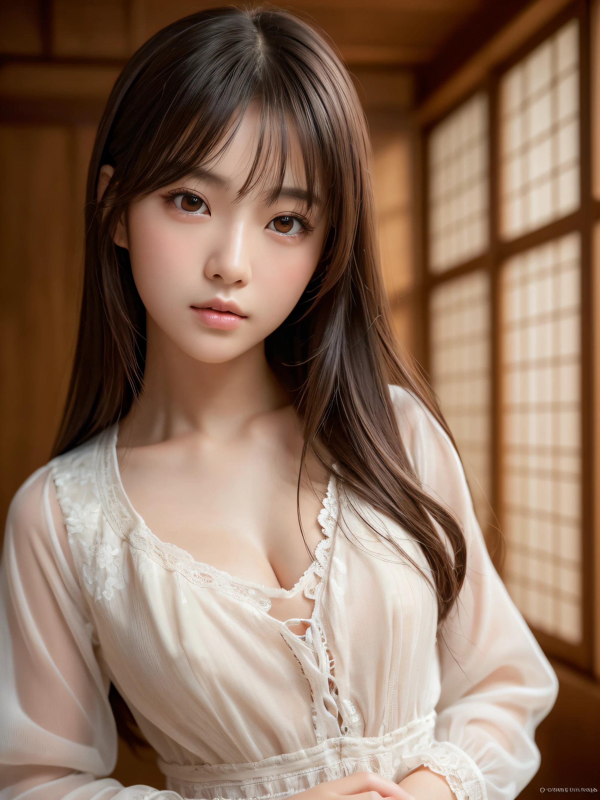 best quality, face focus, soft light, ultra high res, (photorealistic:1.4), RAW photo,
1japanese girl, solo, cute, (pupil, lights in the eyes),  detailed beautiful face, (small chest),(high resolution detail of human skin texture),
(long hair),
indoor,
Damask Shirt Dress,
(portrait)