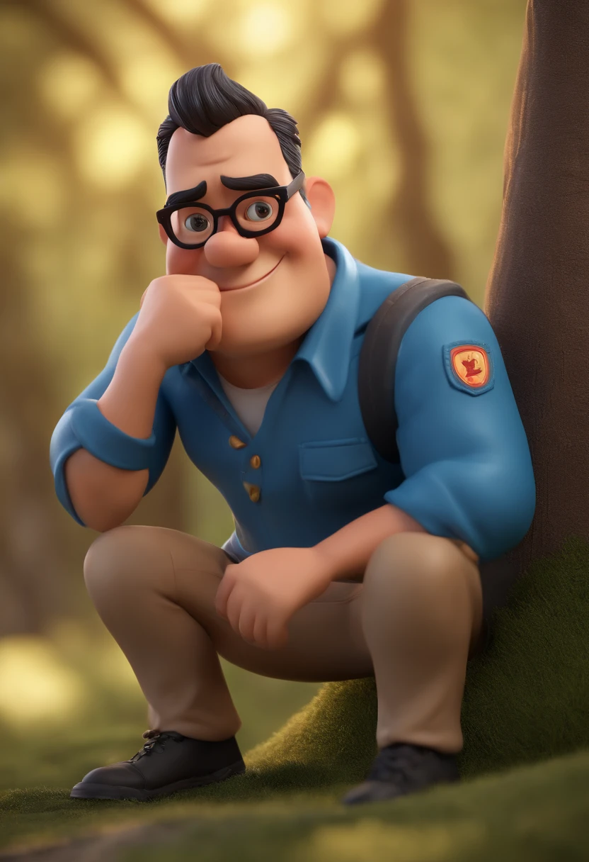 Cartoon character of a man wearing black glasses and a blue shirt, cabelo estilo militar, um personagem animado, Caractere estilizado, animation style rendering, 3D estilizado, Arnold Maya render, 3 d render stylized, toon render keyshot, Personagem 3D, Personagem 3D, 3d rendering stylized, 3 d character render, personagem de desenho animado, Personagem de close up, Pose de personagem, (Estilo Pixar) (master part:1.2) (Bokeh) (best quality) (pele detalhada) (textura detalhada) (8k) (argila) (Cinematic lighting) (foco nítido，Senta e vaza a parte superior do corpo
