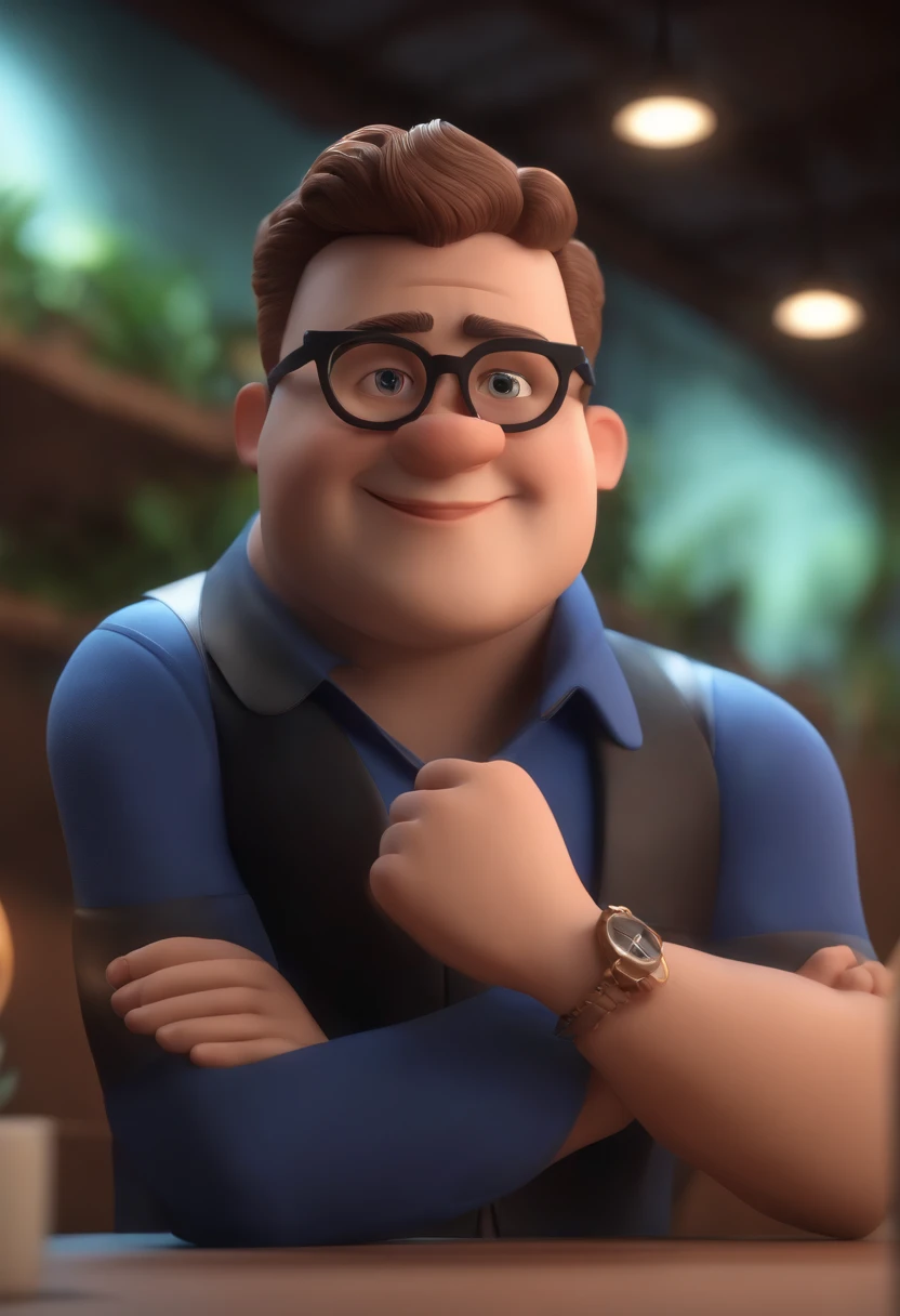 Cartoon character of a man wearing black glasses and a blue shirt, um personagem animado, Caractere estilizado, animation style rendering, 3D estilizado, Arnold Maya render, 3 d render stylized, toon render keyshot, Personagem 3D, Personagem 3D, 3d rendering stylized, 3 d character render, personagem de desenho animado, Personagem de close up, Pose de personagem, (Estilo Pixar) (master part:1.2) (Bokeh) (best quality) (pele detalhada) (textura detalhada) (8k) (argila) (Cinematic lighting) (foco nítido,Senta e vaza a parte superior do corpo