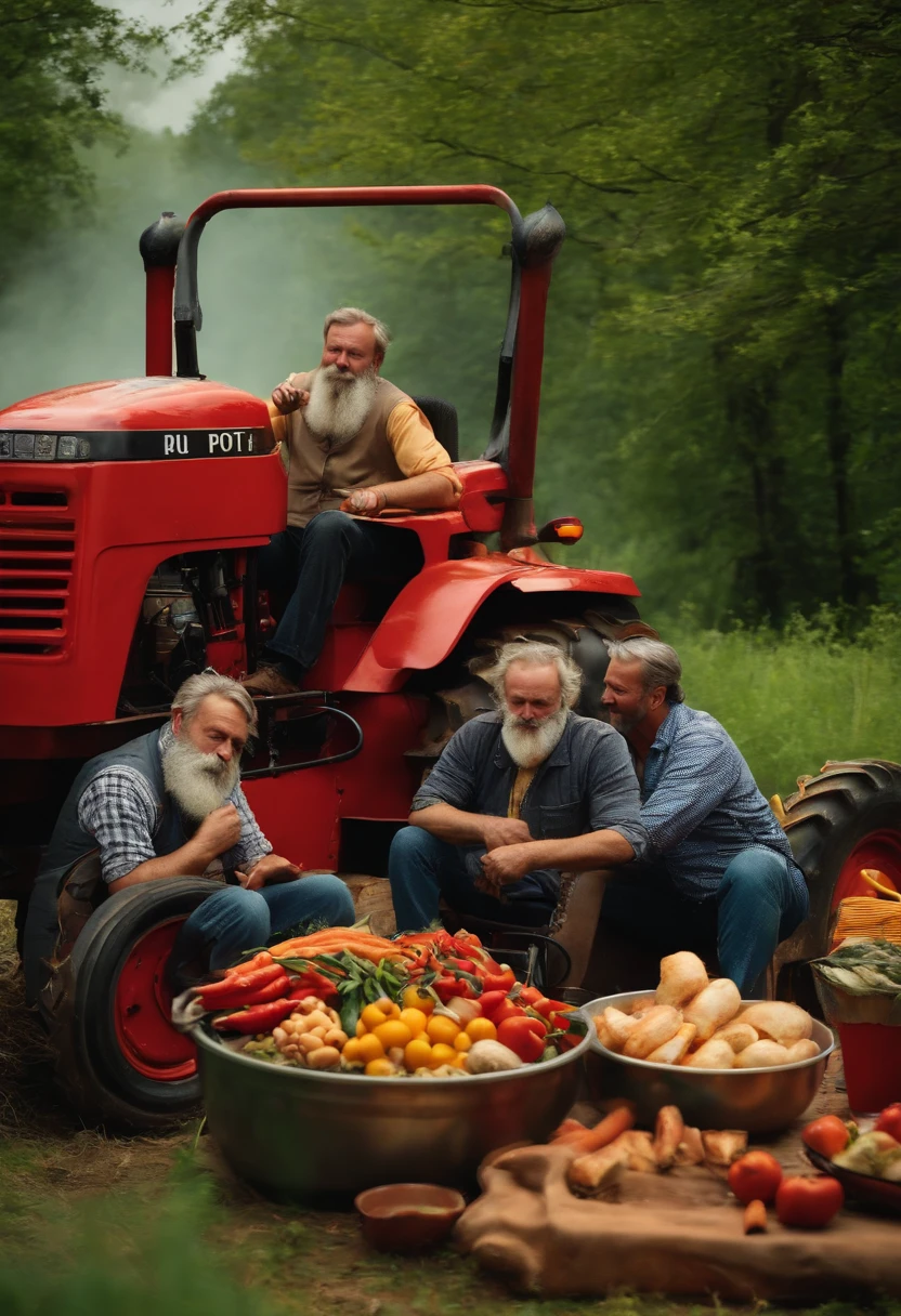 Best quality, Ultra-detailed, high resolution,A man with a beard drives a tractor,There are four people in the tractor bucket eating hot pot together