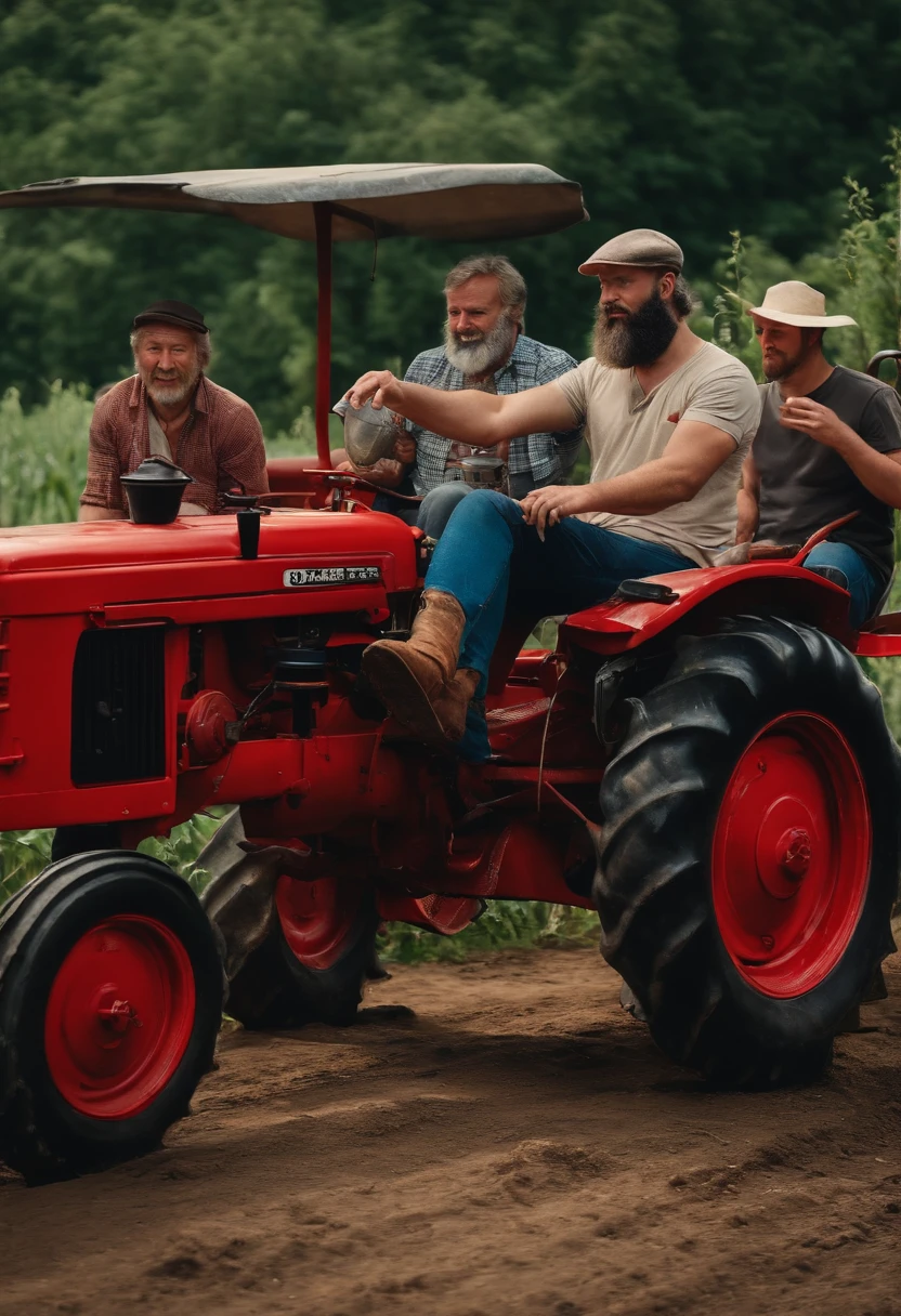 Best quality, Ultra-detailed, high resolution,A man with a beard drives a tractor,There are four people in the tractor bucket eating hot pot together
