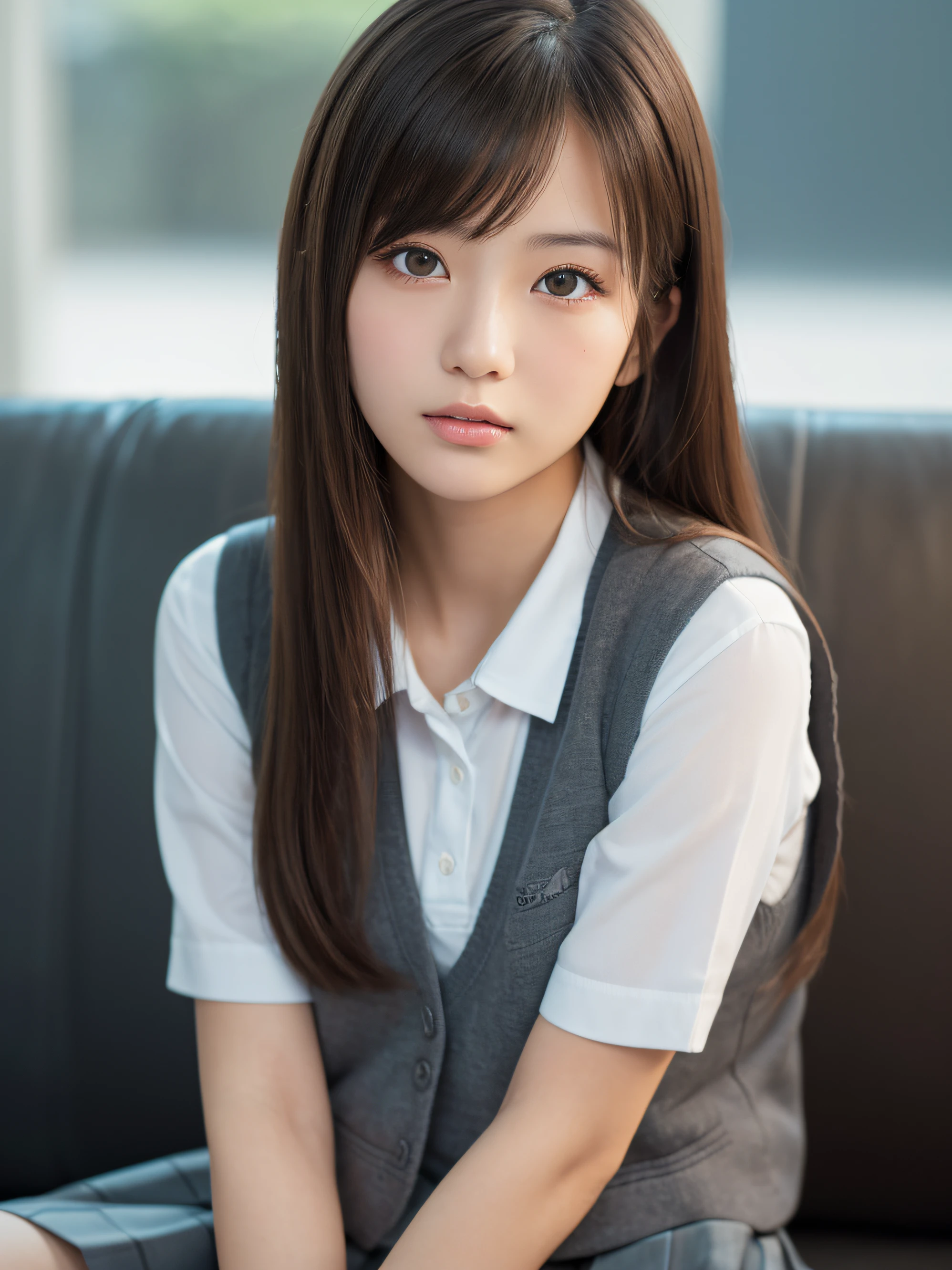 best quality, face focus, soft light, ultra high res, (photorealistic:1.4), RAW photo,
1japanese girl, solo, cute, (pupil, lights in the eyes), detailed beautiful face, (small chest),(high resolution detail of human skin texture),
(long hair),
sit couch,
school uniform, charcoal vest, skirt,
(upper thigh)