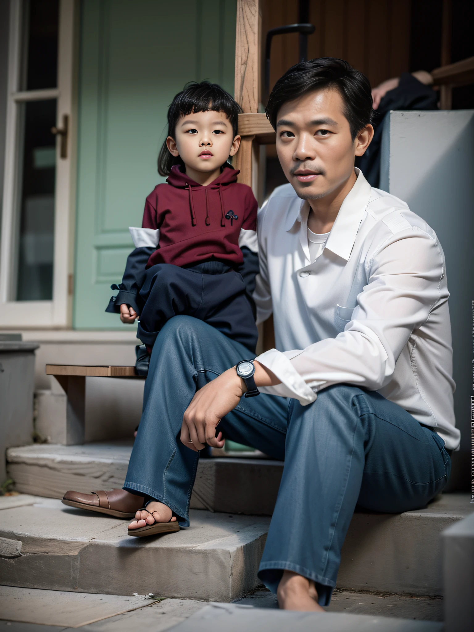 (best quality,4k,8k,highres,masterpiece:1.2), Super realistic photo, image of a Vietnamese father and son, father 30 years old, son 2 years old, father sitting on the steps of a Vietnamese house in 1985, son standing next to father, Dad wears western shoes, a white shirt, and has a faint mustache, photo taken in 1985 with Kodak