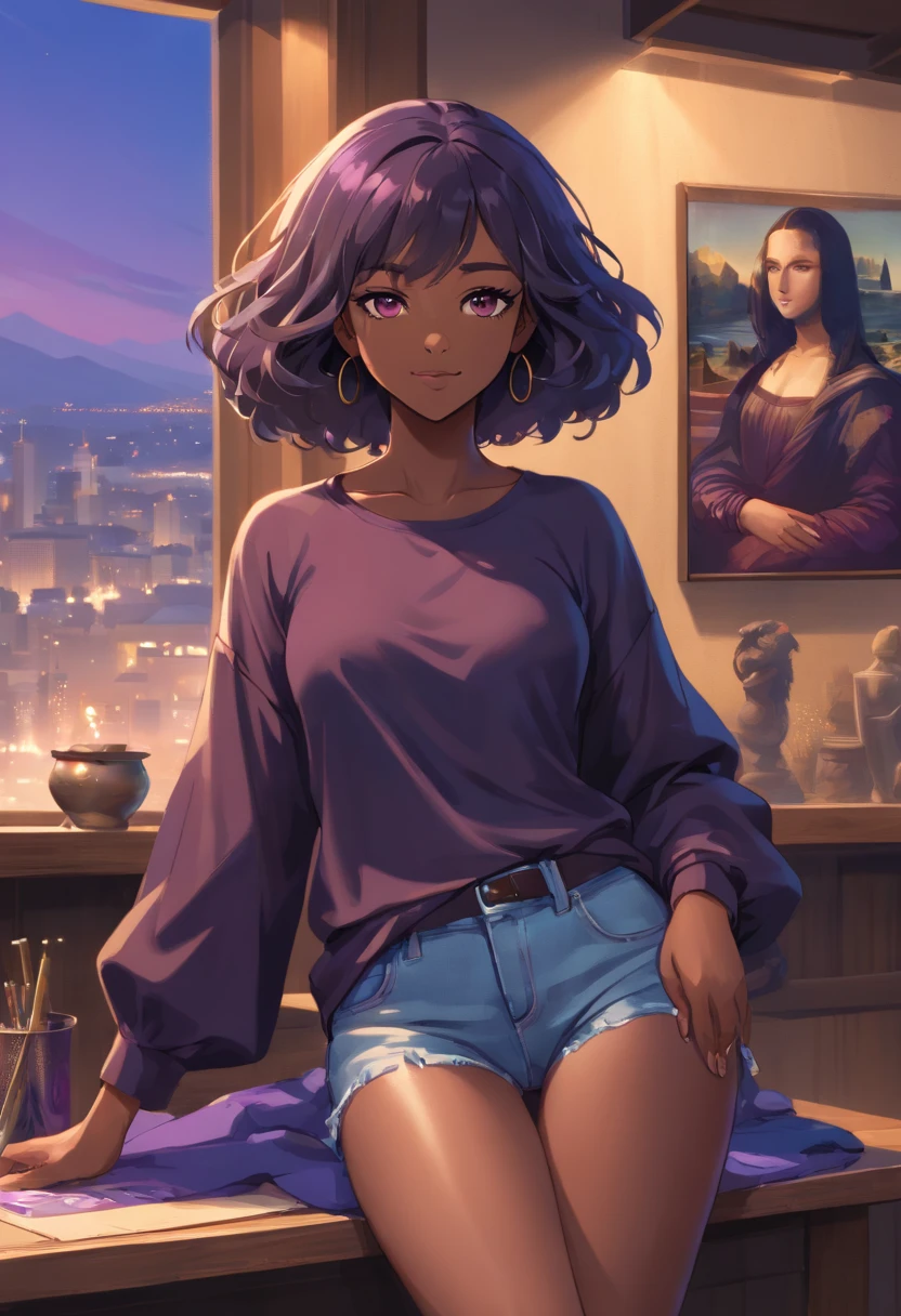 (black woman, afro-american, black gray hair, big light brown eyes, sexy body, slim waist and thick legs, jeans and black blouse, subtle Mona Lisa smile)

(best quality, 4k, high-res, masterpiece:1.2), ultra-detailed, realistic:1.37, HDR, studio lighting, professional, vivid colors, bokeh

(portraits, African-American art, contemporary)

(hints of purple and blue, warm and vibrant color palette)

(gentle and diffused lighting, emphasizing the facial features)

Please generate a Stable Diffusion prompt based on the given description above.