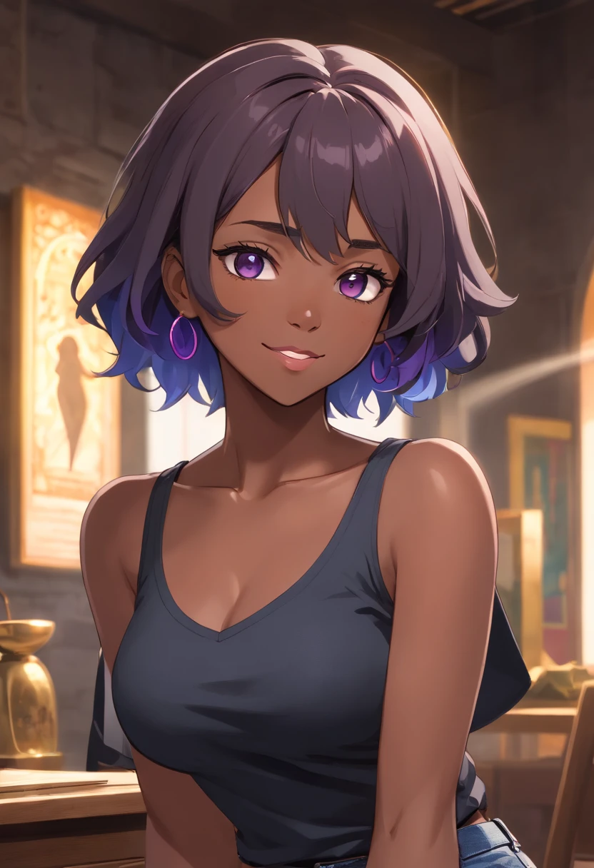 (black woman, afro-american, black gray hair, big light brown eyes, sexy body, slim waist and thick legs, jeans and black blouse, subtle Mona Lisa smile)

(best quality, 4k, high-res, masterpiece:1.2), ultra-detailed, realistic:1.37, HDR, studio lighting, professional, vivid colors, bokeh

(portraits, African-American art, contemporary)

(hints of purple and blue, warm and vibrant color palette)

(gentle and diffused lighting, emphasizing the facial features)

Please generate a Stable Diffusion prompt based on the given description above.