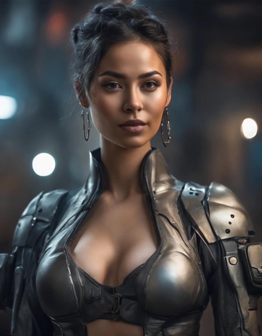appealing cleavage,black hair,handsome girl,Asian peoples,real,photo-realistic,((Security suits)),full bodyesbian, half-open strawberry lips, dimple, thoughtful look, Black Eyes (Very long wavy gray hair), ((Detailed Face)), ((Detailed facial features)), (Thin, fine skin), Fair skin and redness, ((A plunging neckline with details of a high-tech cyberpunk dress)), Cyberpunk Metropolis Environment, (cool colors), Mused, (Masterpiece) (perfect aspect ratio)(foto realista)(Best Quality) (Detailed) shot on a Canon EOS R5, 50mm lens, f/2.8, HDR, (8K) (wallpapers) (Cinematic lighting) (dramatic lighting) (sharp-focus) (Intricate), Original Photo, posing for camera, black jeans, back arms, 8K, Ultra HD, DSLR camera, hiquality, filmgrain, Fujifilm XT3