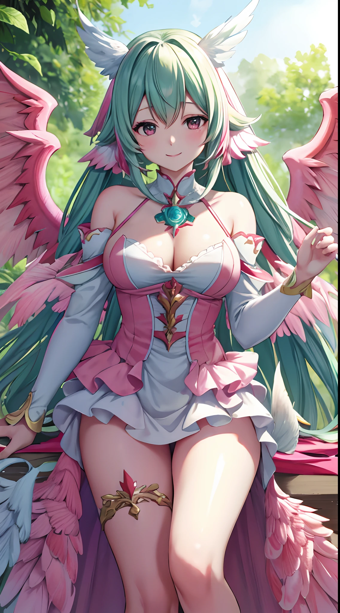 ((masutepiece, Best Quality)),Photography, Detailed skin, Realistic, Photorealsitic, 8K, Highly detailed, full length frame, High Detail RAW Color Art, diffused soft lighting, Shallow depth of field,
Pink Edge Garuda_Dress, Crimson Bird_Woman with spread wings ,Black eyes、adorable smiling、Light blue long hair、Twin-tailed、Wearing a pink Edge Garuda_Dress